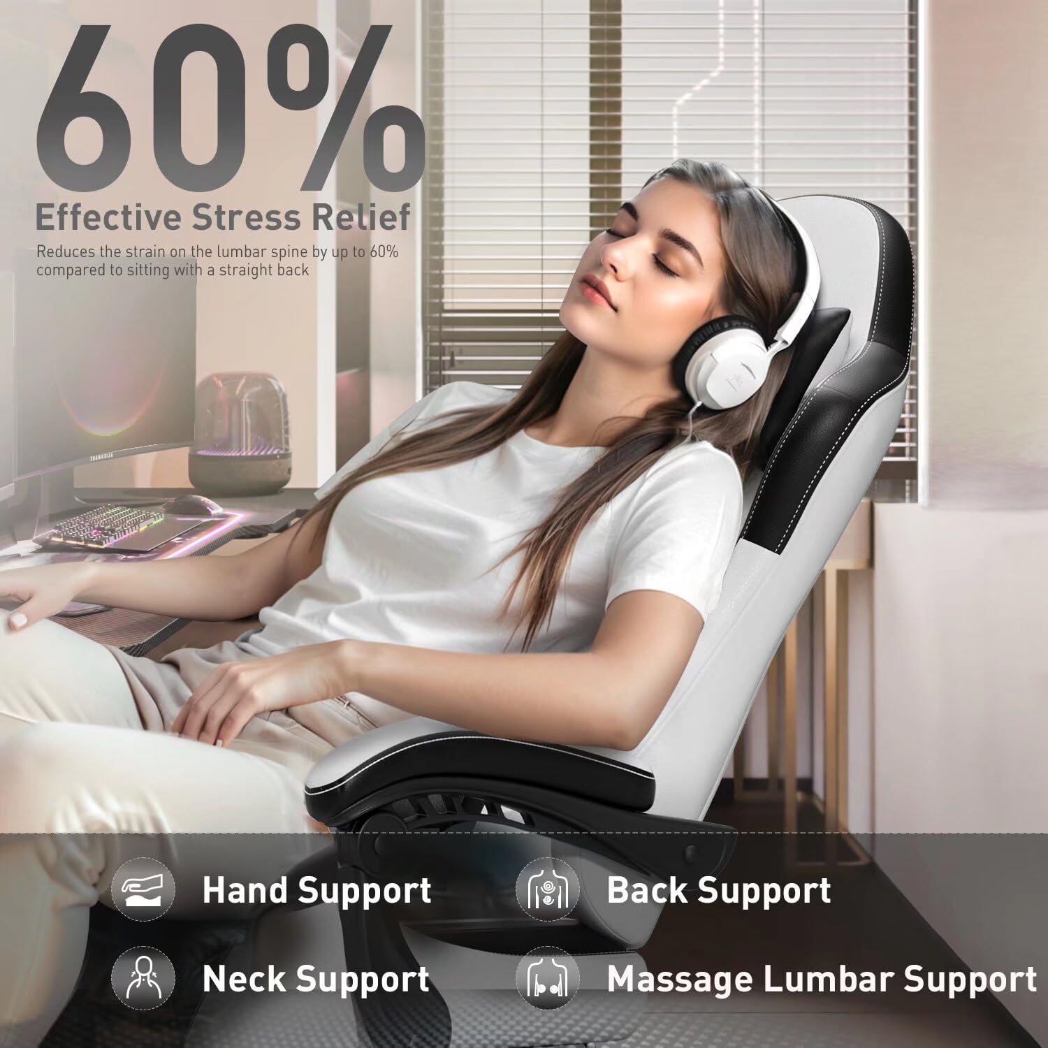 HLDIRECT Ergonomic Gaming Chair for Adults - High Back PU Leather Computer Chair with Adjustable Headrest & Lumbar Support - Swivel Office Chair for PC, Video Games & Work - Black & White Design - Perfect for Home Office, Gaming Setup & Streaming Station