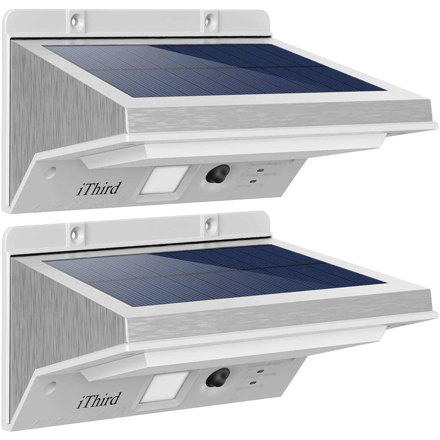 iThird Solar Powered Outdoor Lights with Motion Sensor - 2 Pack Super Bright Waterproof Stainless Steel Solar Security Lights for Yard, Patio, Garage (Daylight) | Perfect for Pathway Lighting & Home Security