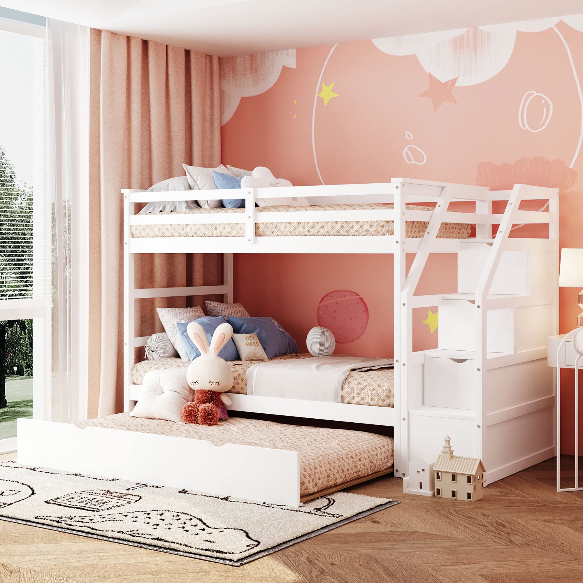 Twin Over Twin Bunk Beds with Trundle & Stairs - Wooden Bunk Bed Frame with 3 Storage Drawers for Kids, Boys, Girls & Teens - Space-Saving Bedroom Solution for Siblings or Sleepovers - White