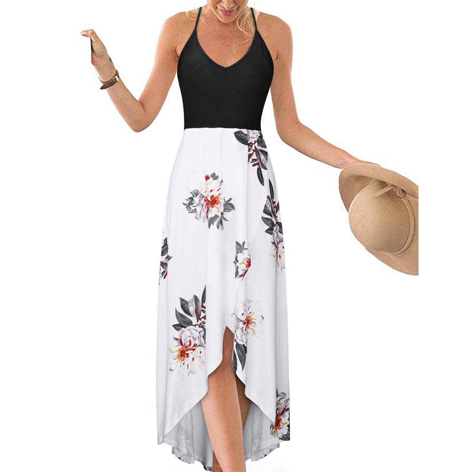 Women's Long V-Neck Sleeveless Summer Sundress - Asymmetrical Patchwork Floral Maxi Dress for Beach, Vacation & Casual Wear