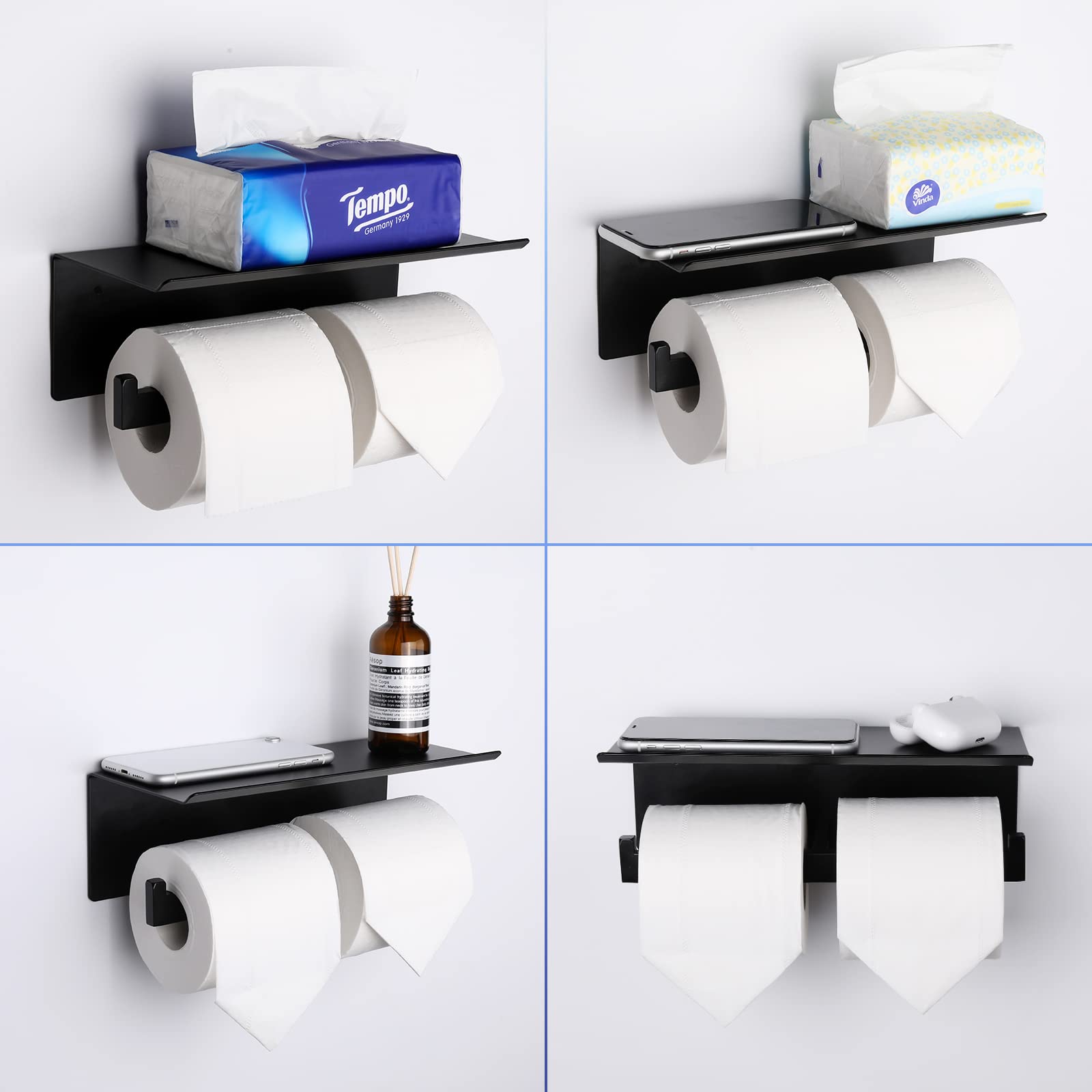 Black Toilet Paper Holder with Shelf - Matte Double Roll Bathroom Tissue Dispenser, Wall Mount SUS 304 Stainless Steel - Perfect for Modern Homes & Luxury Hotels