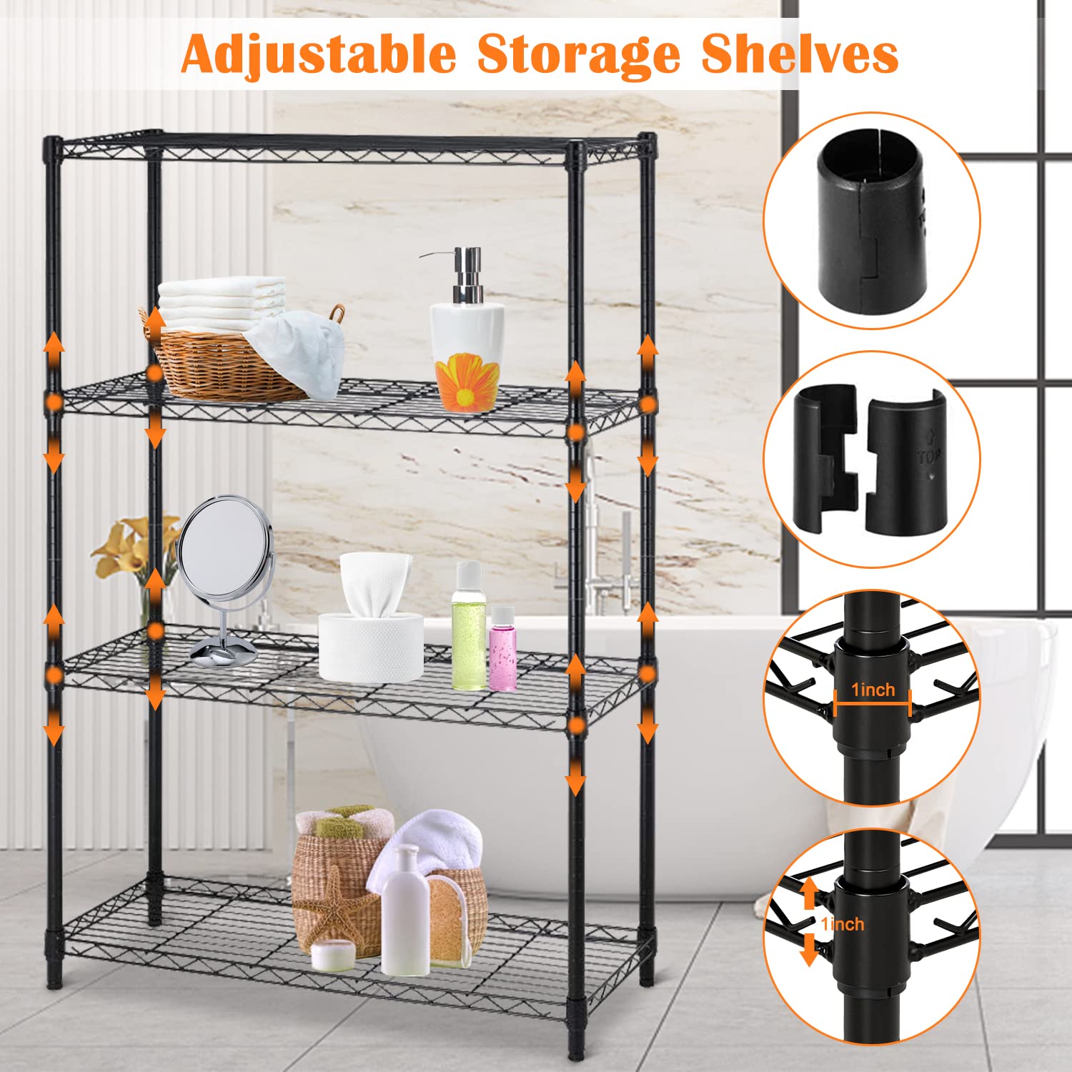 4-Tier Heavy Duty Metal Storage Shelves - NSF Certified Commercial Grade Steel Utility Shelf with Adjustable Height & 1000 lbs Capacity (14x36x54, Black) - Perfect for Garage, Warehouse, Pantry & Retail Store Organization