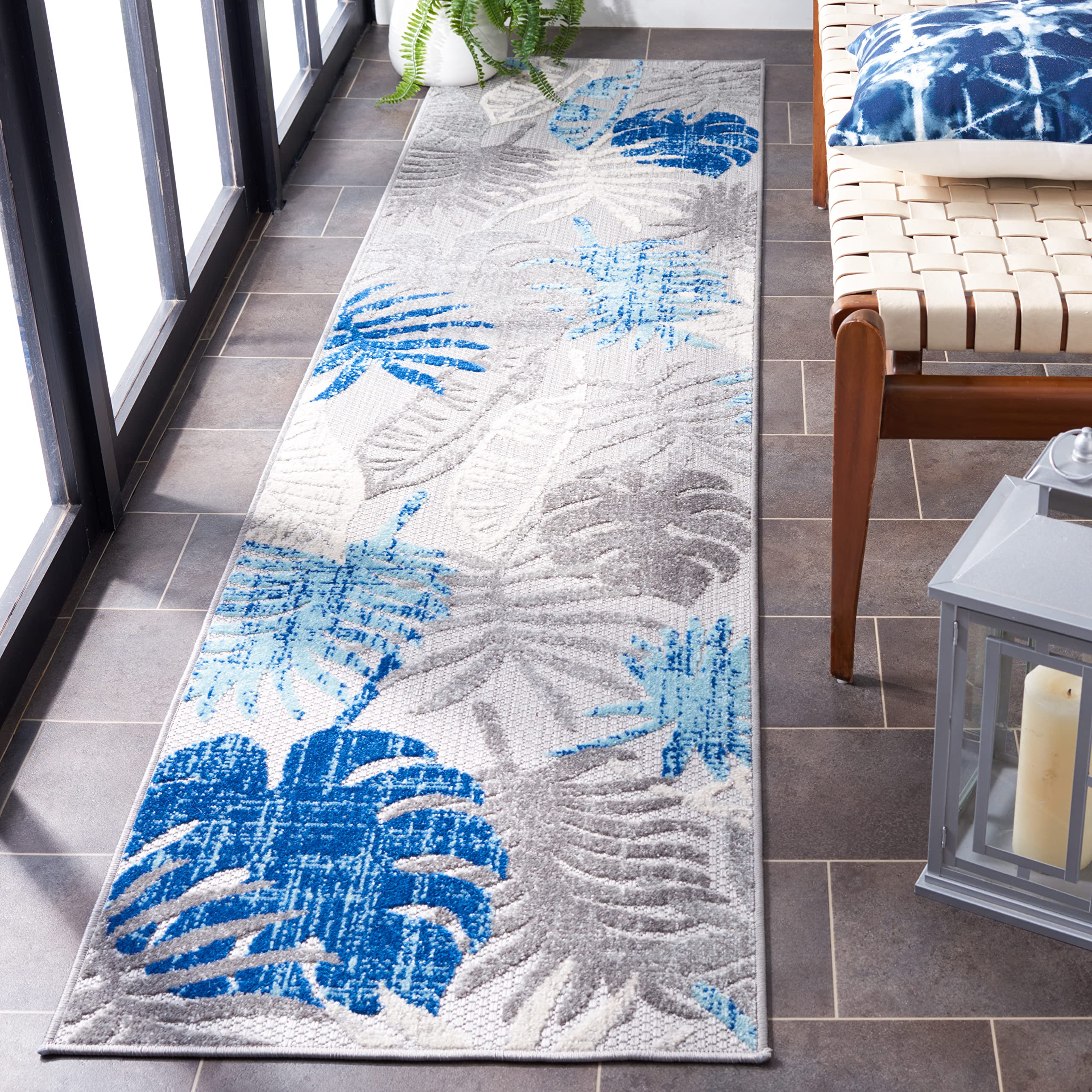 SAFAVIEH Cabana Collection 2' x 6' Runner Rug - Grey & Blue Botanical Design, Non-Shedding Washable Indoor Outdoor Rug for Patio, Backyard, Mudroom, Kitchen, Hallway & Entryway (CBN831F)