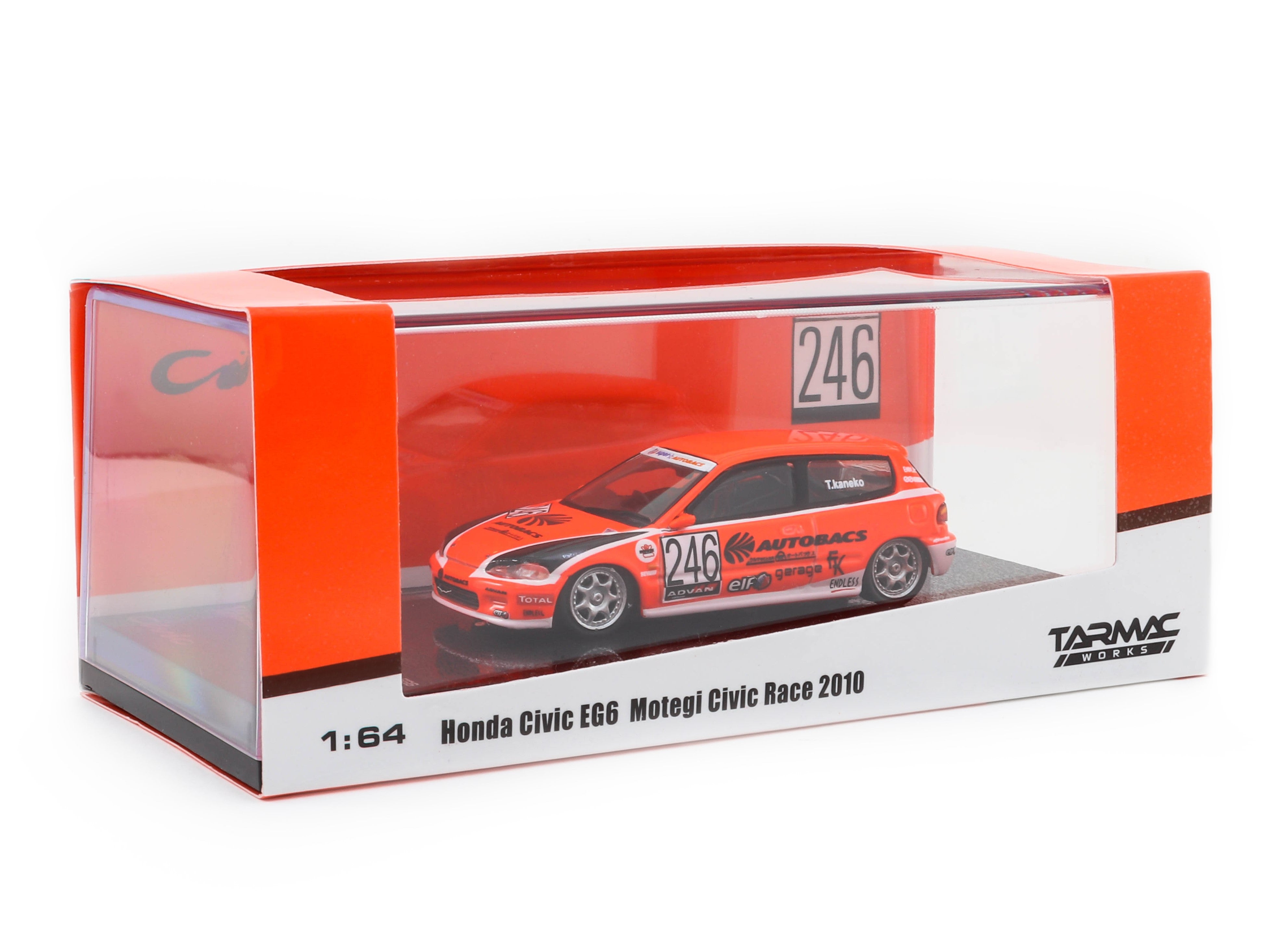 Tarmac Works 1/64 Scale Honda Civic EG6 Motegi Race Car Model - 2010 #246 Diecast Collectible for Car Enthusiasts & Display - Perfect for Racing Fans, Toy Car Collections, and Home/Office Decor