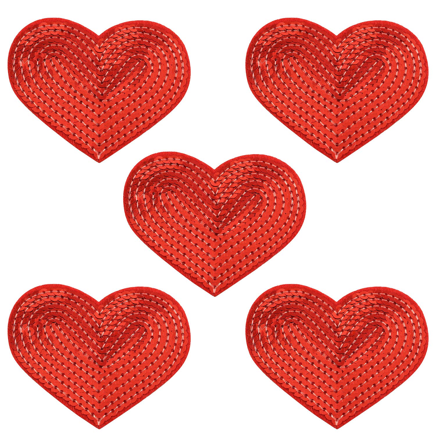 Tegg 5PCS Embroidered Heart Patches - Red Sequin Applique Iron-On/Sew-On DIY Badges for Jackets, Bags & Denim - Perfect for DIY Crafts, Fashion Accessories & Custom Clothing