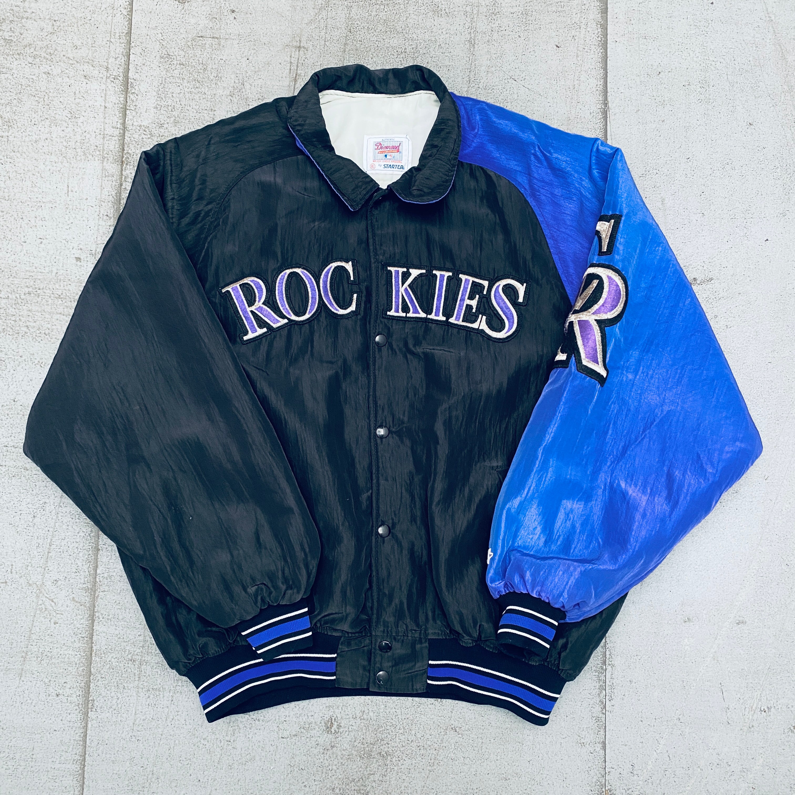 Colorado Rockies 1990s Vintage Diamond Collection Coach's Dugout Starter Bomber Jacket - XL Size | Retro Baseball Outerwear for Fans & Collectors | Perfect for Game Days & 90s Fashion Style