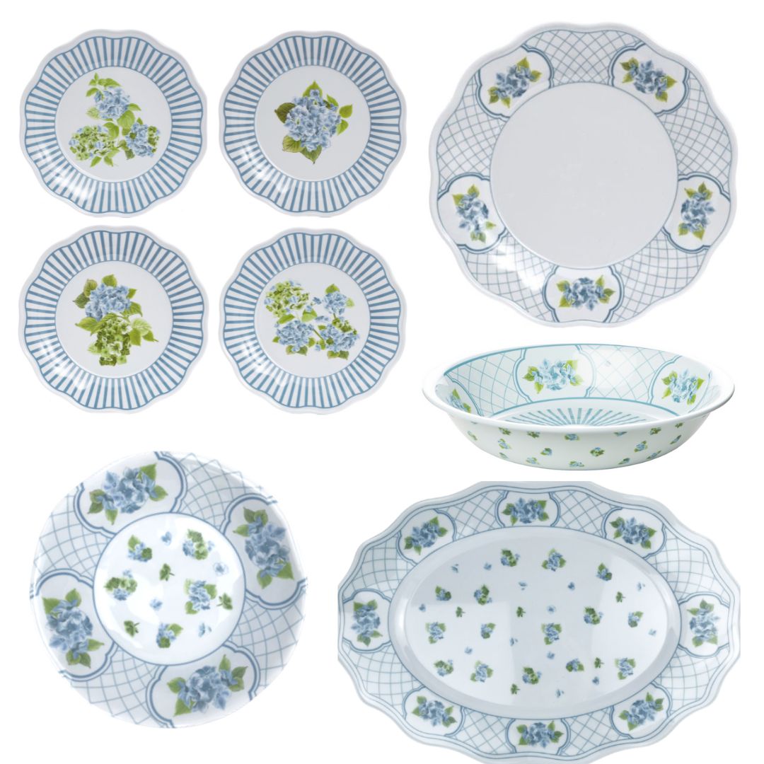 Blue Hydrangea Melamine Dinnerware Set - 16-Piece Shatterproof Outdoor Dinnerware Collection for Picnics, Camping & Pool Parties