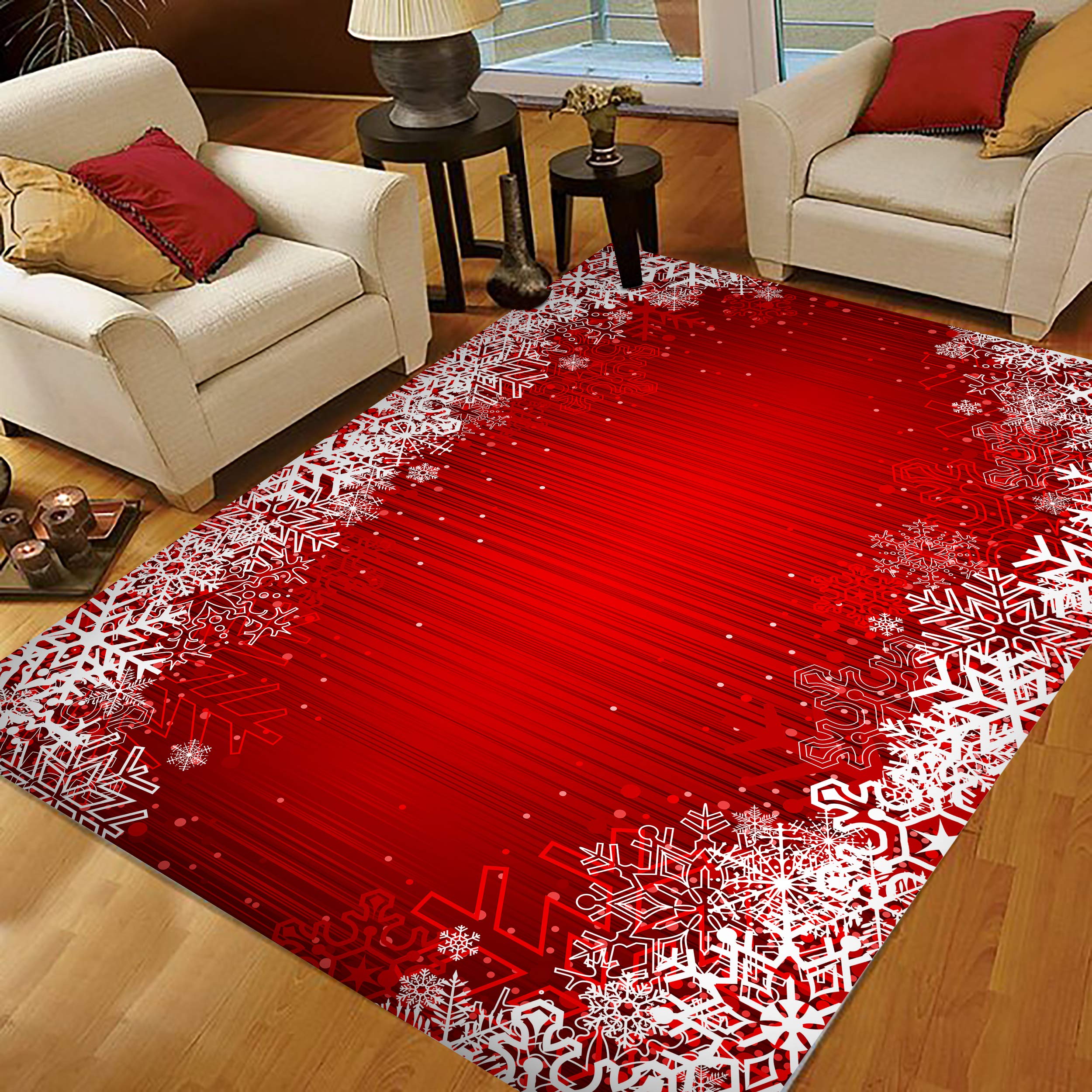 3x5 Christmas Area Rugs - Red Snowflake Abstract Holiday Rug for Living Room & Bedroom | Festive Home Decor for Xmas Parties & Winter Celebrations