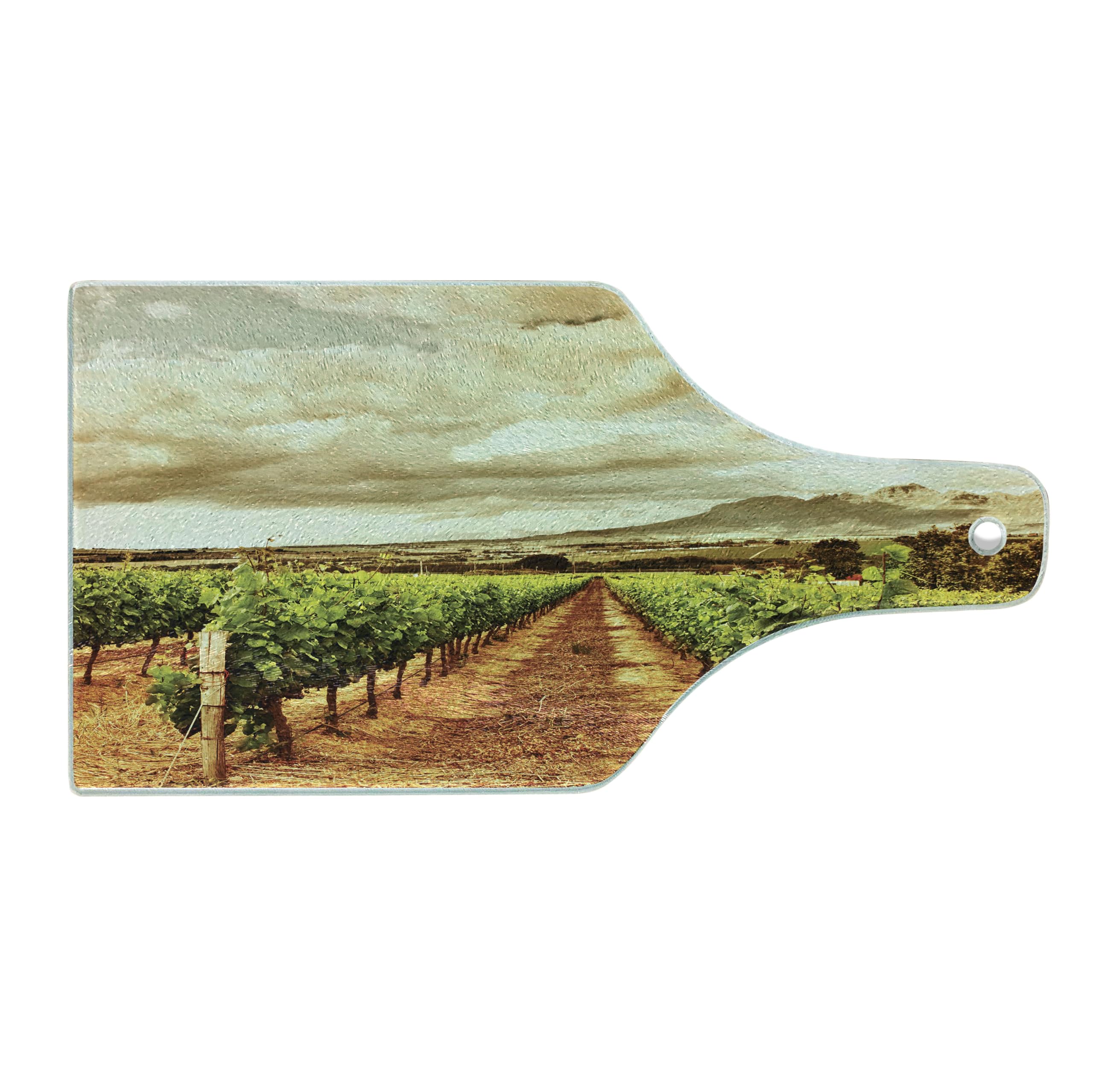 Ambesonne Country Grape Vineyard Digital Print Tempered Glass Cutting Board - Wine Bottle Shape, Burnt Orange Green Off White - Perfect for Cheese Serving, Charcuterie Display & Kitchen Decor