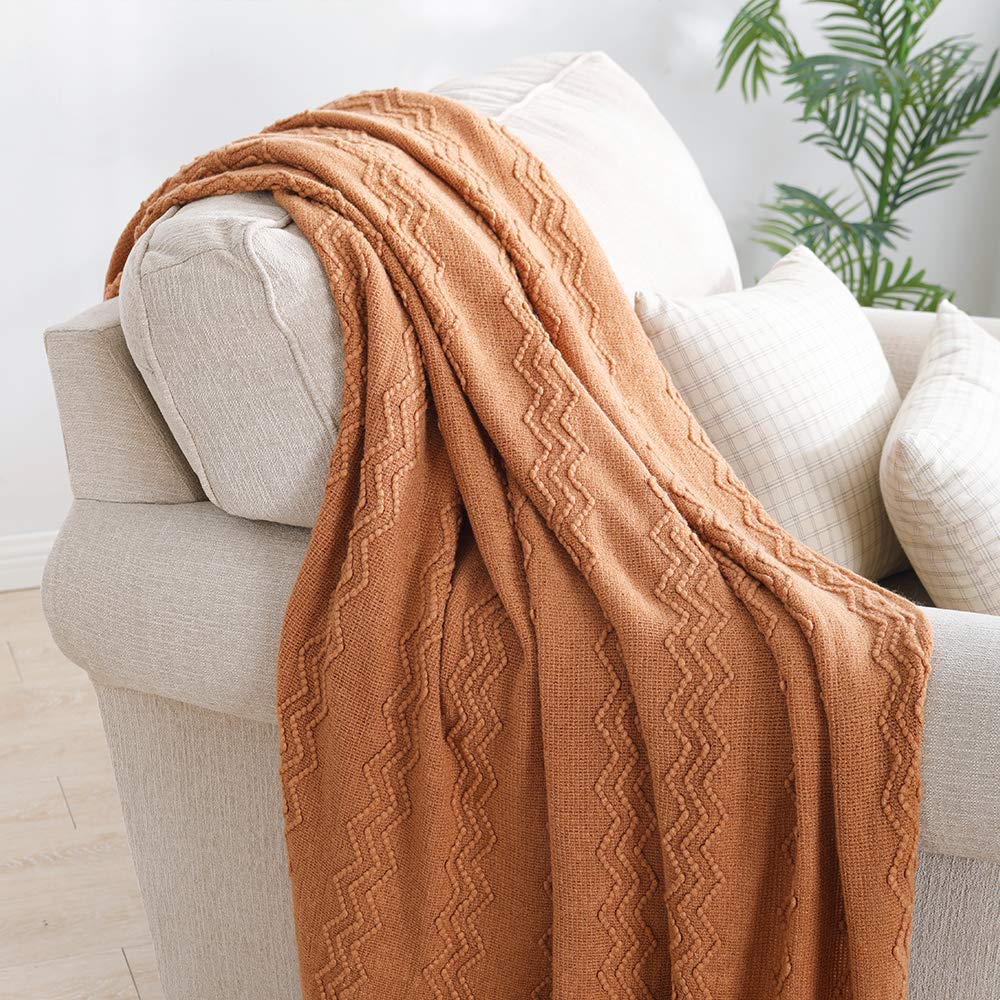 BOURINA 50x60 Inches Soft Knit Throw Blanket - Textured Solid Almond Sofa Couch Blanket for Cozy Living Room, Bedroom & Travel