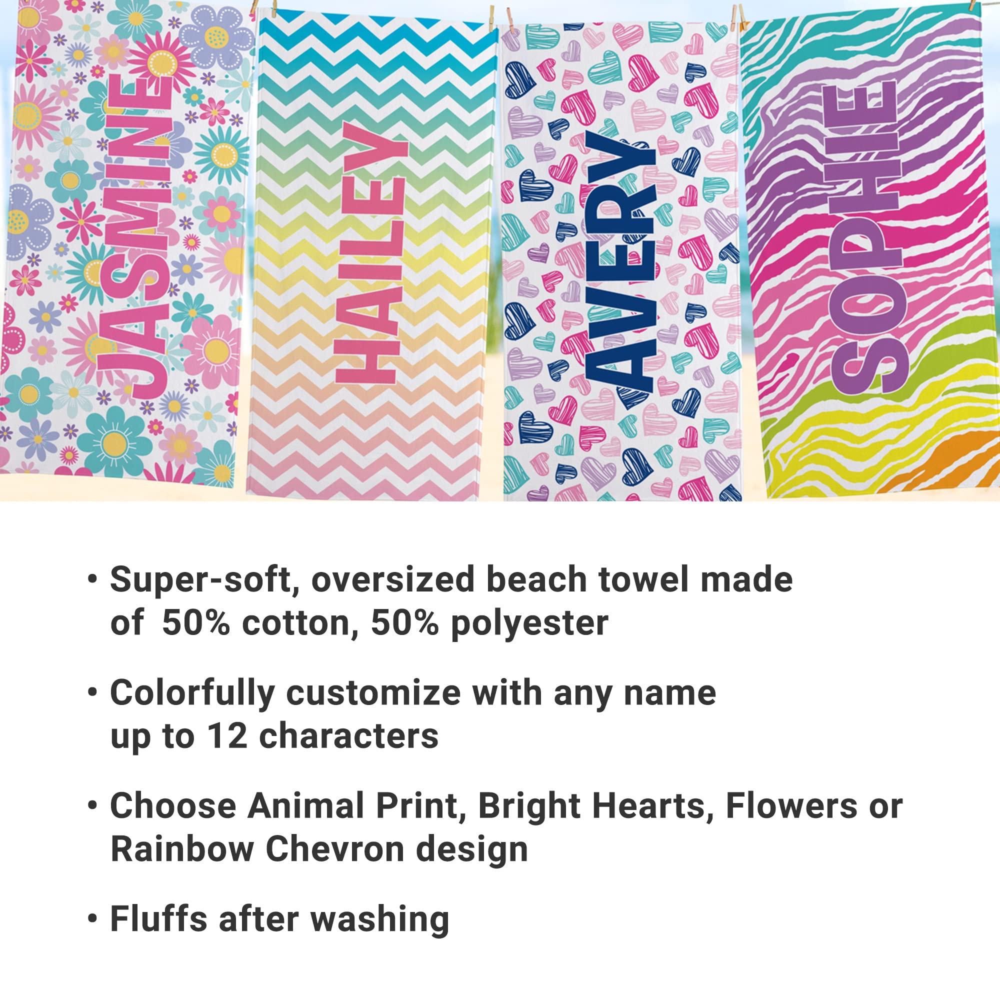 Personalized Beach Towel - Custom Name Printed - Large Standard Size - Bright Hearts Design - Perfect for Beach, Pool, Camping & Vacation - Great Gift for Summer Travel, Family Outings & Romantic Getaways