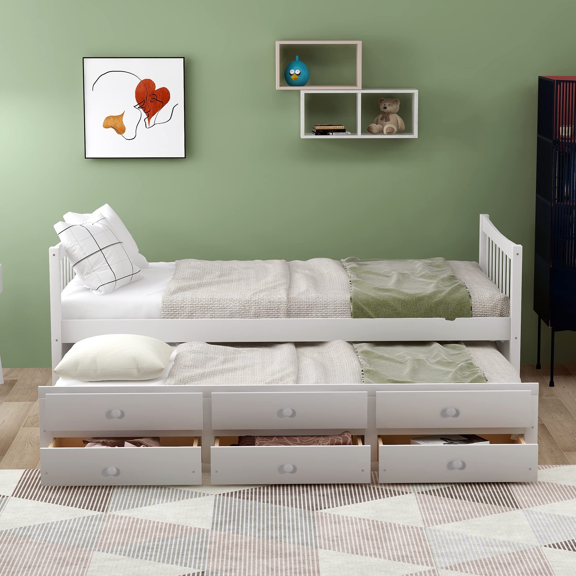 Harper & Bright Designs Twin Captain's Bed with Storage, Trundle & Drawers - Space-Saving Daybed for Kids, Teens & Adults - White - Perfect for Small Bedrooms, Guest Rooms & Dorm Rooms