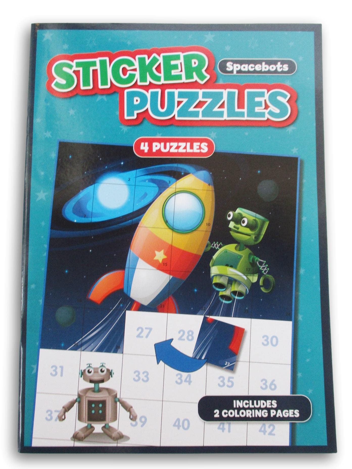 Spacebots Sticker Puzzle Book - 4 Puzzles & 2 Coloring Pages for Kids' Learning Fun