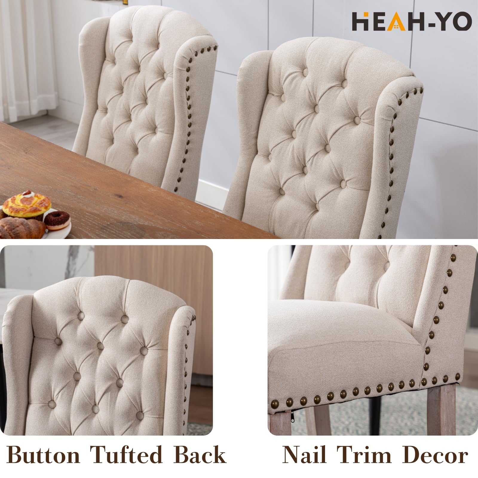 HEAH-YO Modern Dining Chairs Set of 2 - Linen Upholstered Tufted Chairs with Nailhead Trim & Wood Legs, Armless Guest Chairs for Dining Room, Living Room, Kitchen - Beige | Perfect for Home Decor, Entertaining Guests, and Everyday Comfort