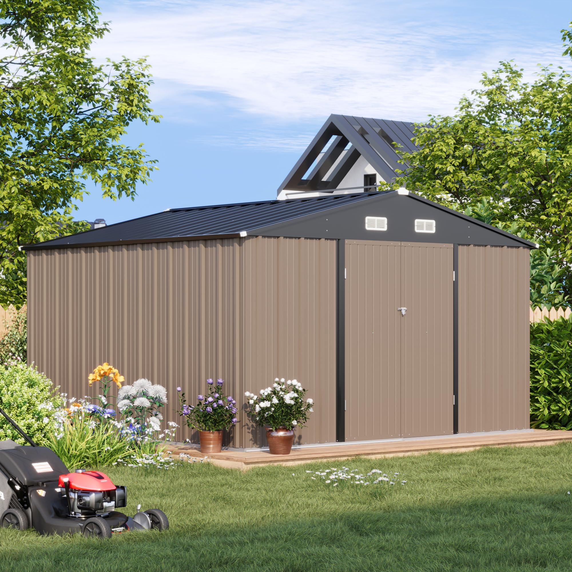Patiowell 10x10 FT Outdoor Metal Storage Shed with Lockable Doors - Heavy Duty Utility & Tool Shed for Garden, Patio, Backyard - Weather Resistant Brown Steel Shed for Outdoor Equipment, Lawn Mower & Gardening Tools Storage