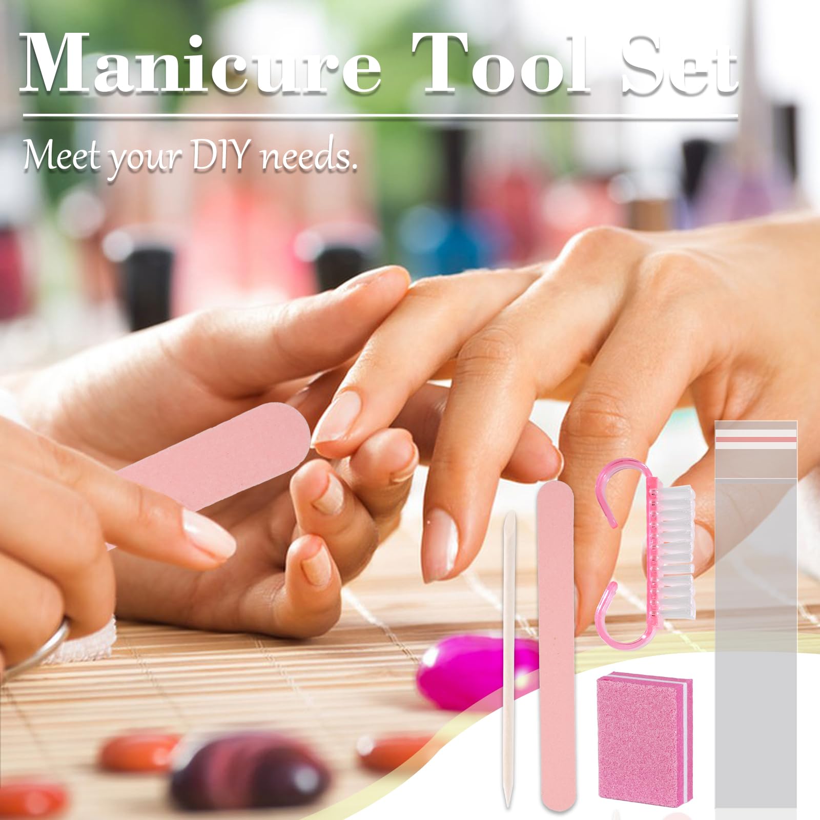 Professional Disposable Manicure Kit - 50-Piece Press On Nail Tool Set with Mini Buffer, Nail Files, Wooden Cuticle Pusher & Brush for Salon & Home Use | Perfect for DIY Nail Care, Travel & Professional Manicures (Pink)