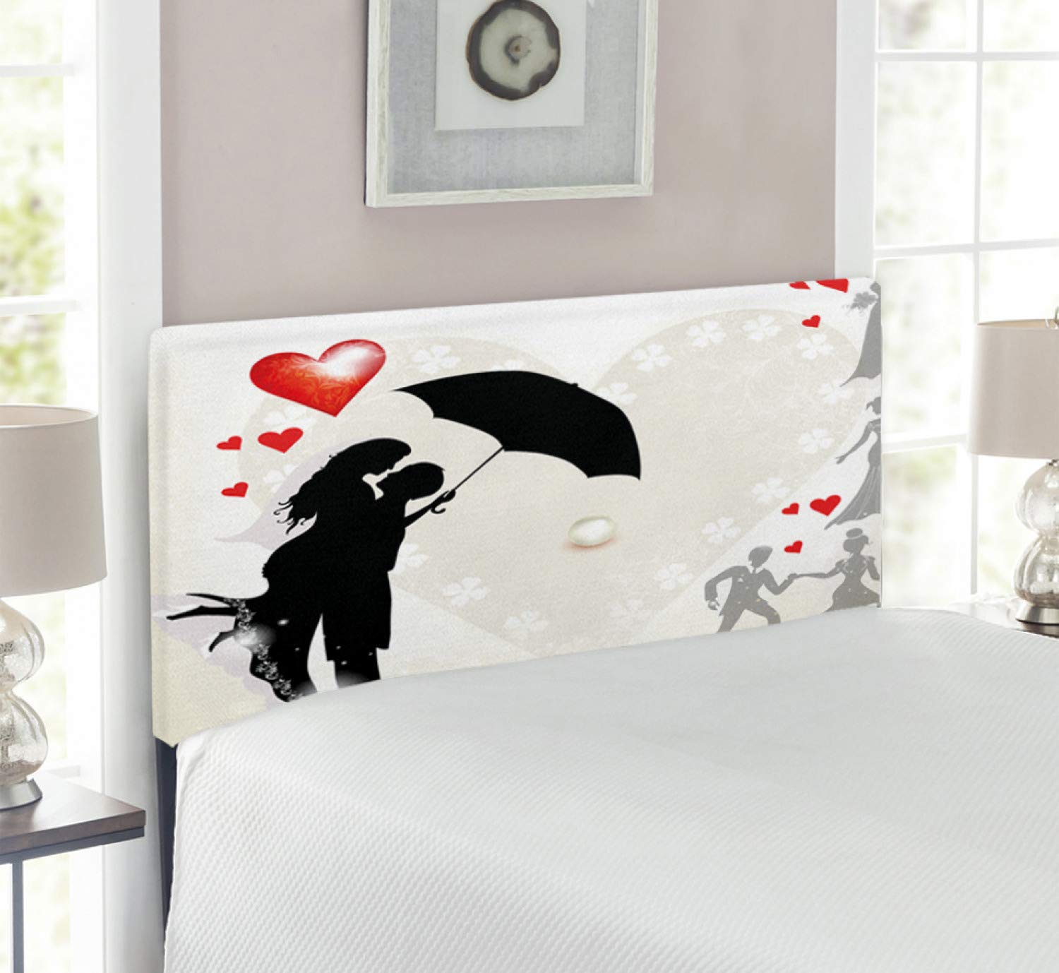 Ambesonne Romantic Wedding Headboard - Upholstered Metal Bed Frame with Memory Foam, Twin Size, Black White Red Hearts Design - Perfect for Couples Bedroom, Anniversary Gift & Romantic Home Decor