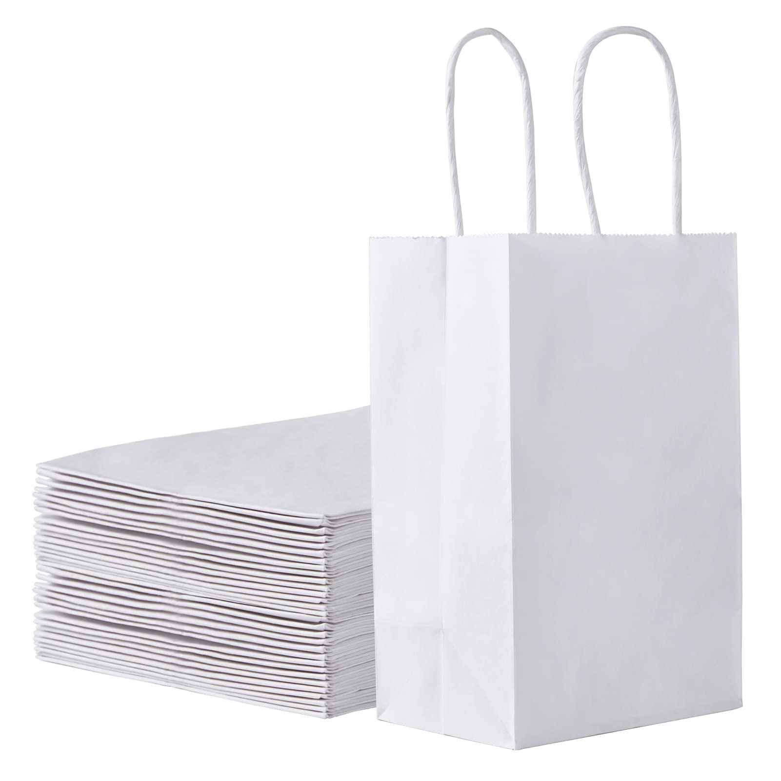 [100 Pack] 8x5.25x3.75 Inch White Kraft Paper Bags with Handles - Bulk Small Shopping Gift Bags for Christmas, Birthday, Restaurant Takeout, Retail Business & Party Favors | Eco-Friendly Packaging Solution