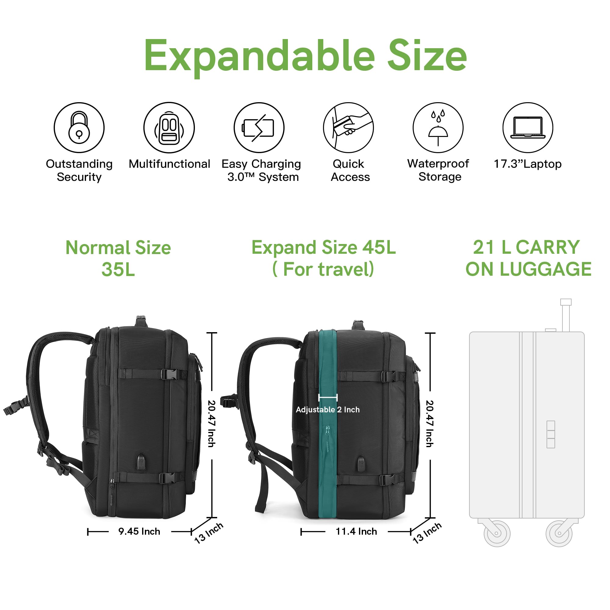 40L Flight Approved Carry On Backpack - Lightweight Travel Backpack for College, Business & Weekend Trips - Fits 17.3