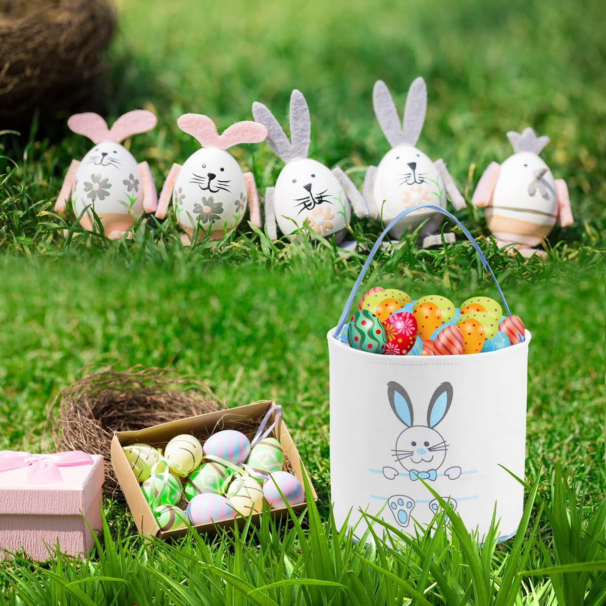 Personalized Easter Bunny Basket Bags for Kids - Cotton Canvas Easter Egg Hunt Bags with Cute Rabbit Print - Perfect for Easter Egg Hunts, Candy Collection & Gift Giving (Blue)