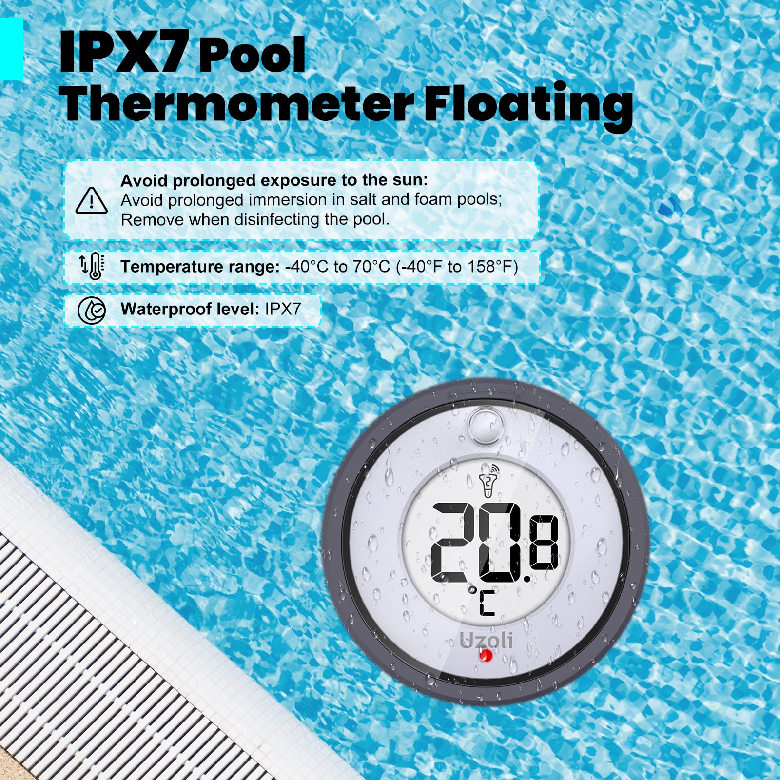 **Uzoli Wireless Floating Pool Thermometer - Easy Read Digital Thermometer with Indoor/Outdoor Temperature & Humidity Monitor for Swimming Pools, Hot Tubs, Ponds, Baths & Spas - Perfect for Home, Backyard & Spa Relaxation**