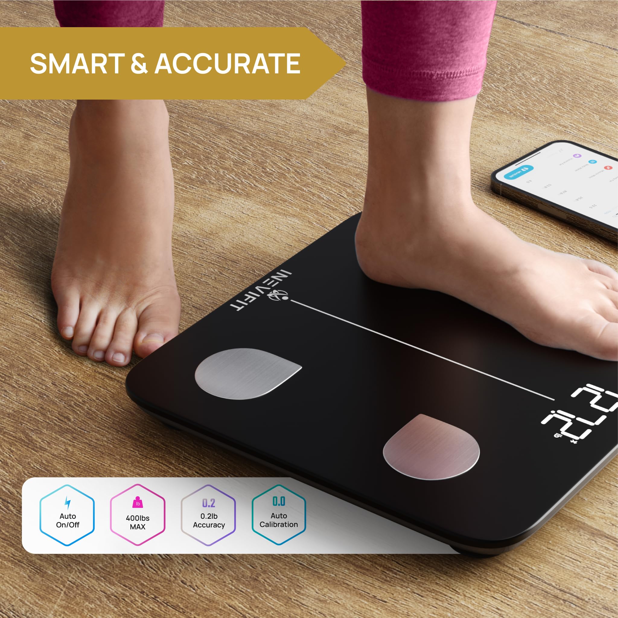 INEVIFIT Smart Bluetooth Body Fat Scale - Highly Accurate Digital Bathroom Weight Scale with BMI, Body Composition Analyzer for Fat, Water, Muscle & Bone Mass - Unlimited Users - Perfect for Home Gym, Fitness Tracking & Health Monitoring