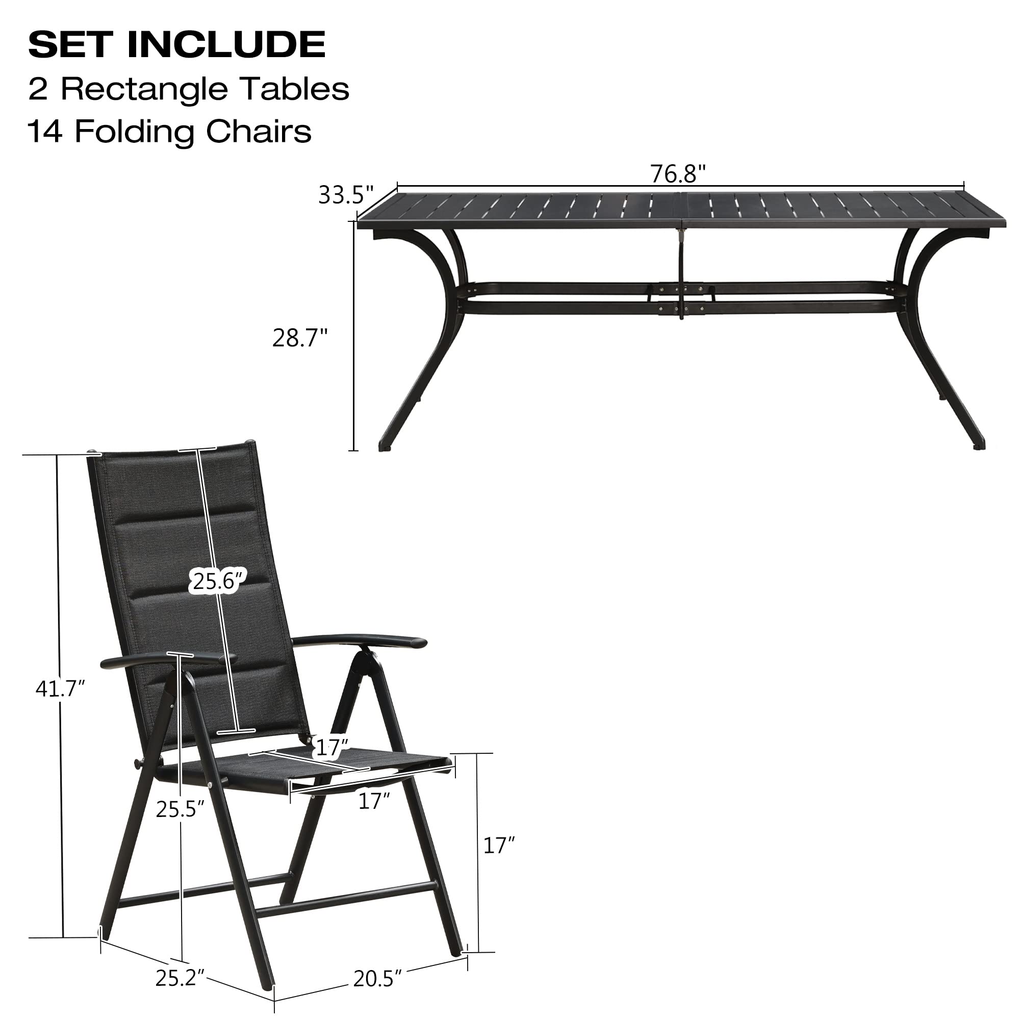 **PURPLE LEAF 16-Piece Outdoor Dining Set – 2 Large Aluminum Rectangle Patio Tables & 14 Padded Folding Lawn Chairs – Modern Black Patio Furniture for Deck, Garden, Yard – Perfect for BBQs, Parties & Outdoor Entertaining**