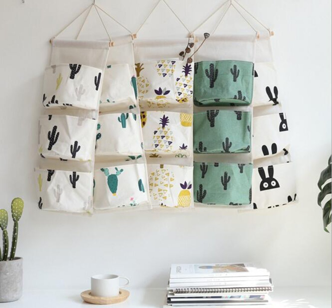KRLIFCSL Cactus Wall Door Closet Hanging Storage Bag - 3 Pocket Canvas Fabric Over The Door Organizer Pouch, 2 Pack (Cactus) - Perfect for Bedroom, Bathroom, Closet & Entryway Organization