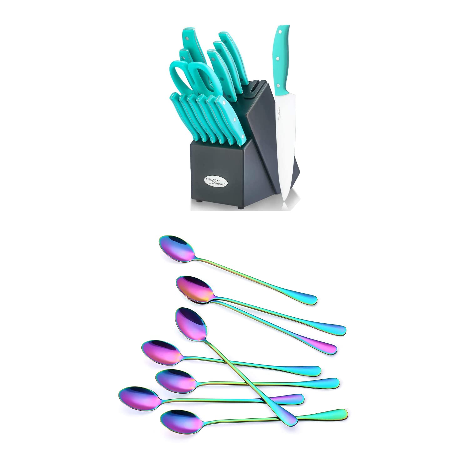 Marco Almond KYA24B 14-Piece Stainless Steel Kitchen Knife Set with Built-in Sharpener & KYA55 Rainbow Titanium Long Handle Spoons - Perfect for Home Cooking, Restaurant Use & Gift Giving
