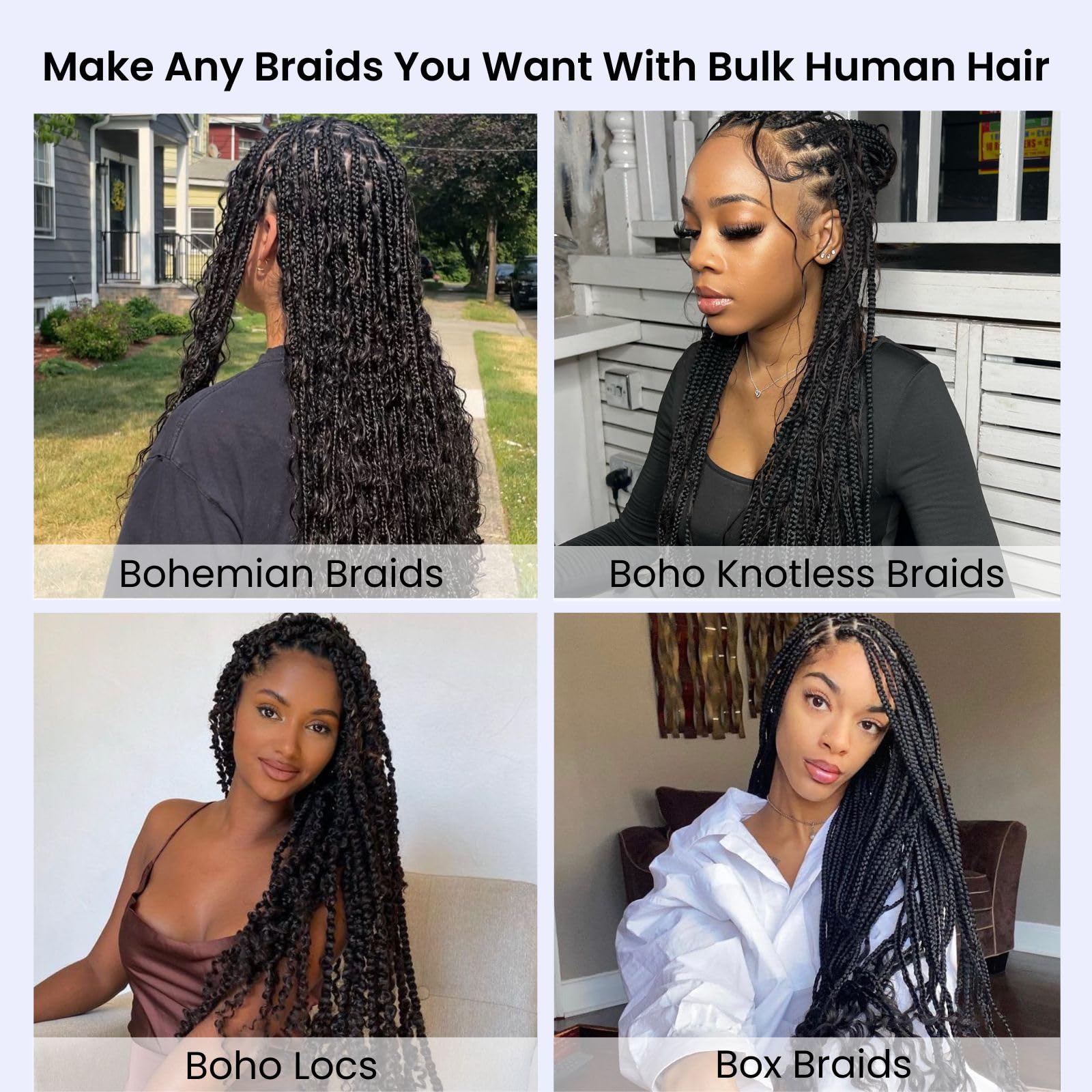 15A Soft Thick Virgin Human Hair Extensions for Boho Braids & Micro Braids - 18 Inch 200g (4x50g) No Weft Bulk Braiding Hair - Natural Black | Perfect for Protective Styles & Festival Hairstyles