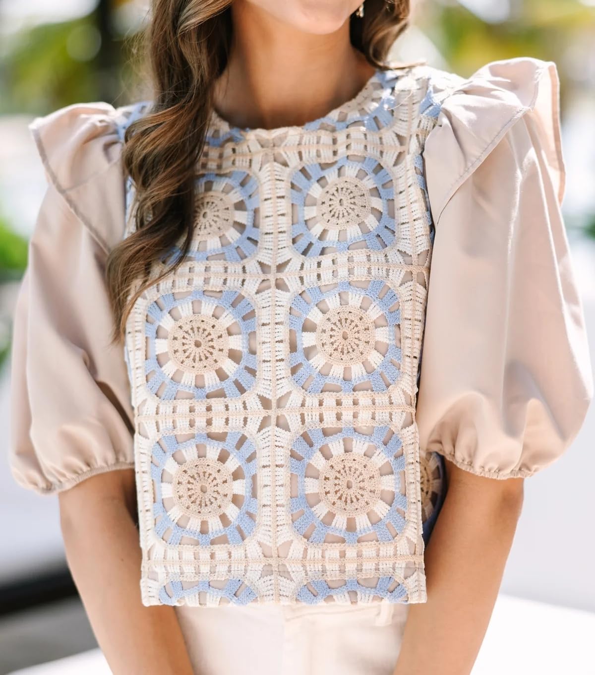 Women's Crochet Crop Top Summer Floral Eyelet Boho Blouse - Cute Ruffle Sleeve Round Neck Casual T-Shirt for Beach, Music Festivals & Date Nights