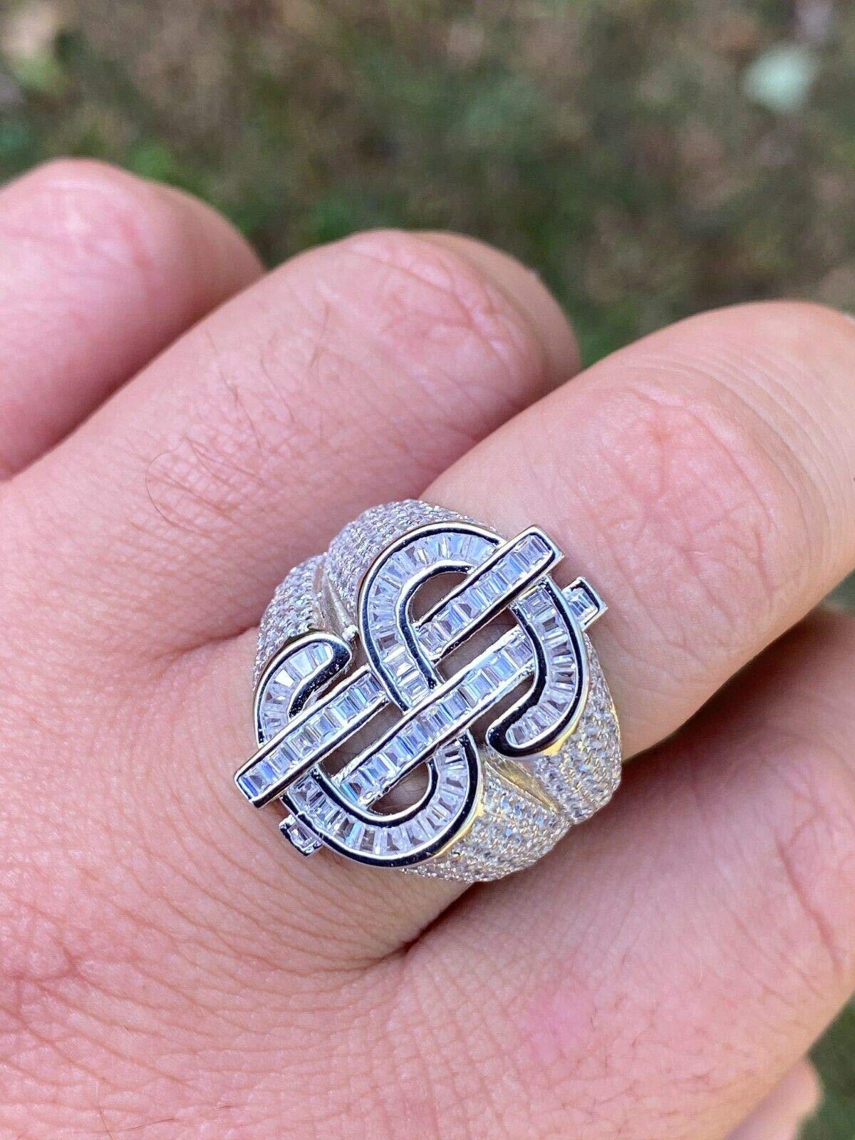 HarlemBling Solid 925 Sterling Silver Money $ Sign Ring for Men - Iced Baguette Diamond Hip Hop Jewelry - Sizes 7-13 - Perfect for Rappers, Hip Hop Artists & Streetwear Fashion