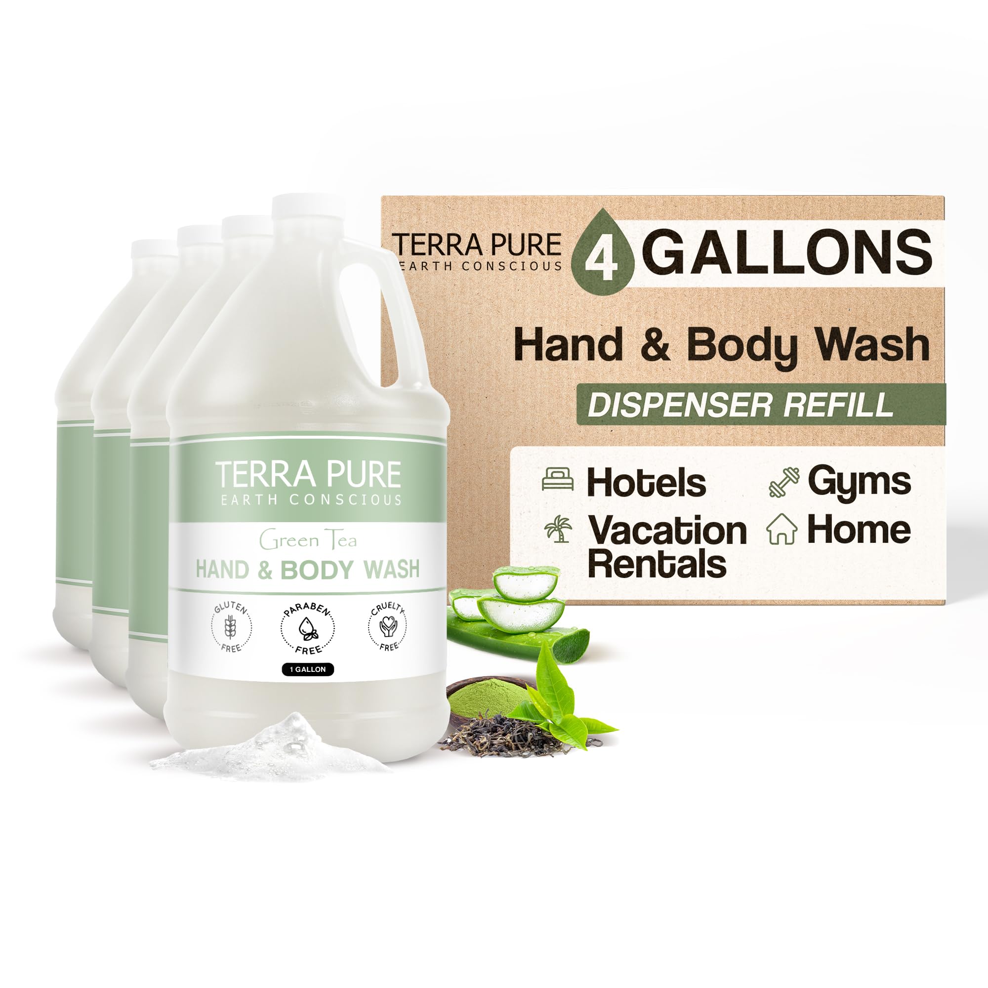 Terra Pure Hotel Hand & Body Wash Soap Refill - 4 Gallons (Set of 4) | Bulk Liquid Soap for Dispensers | Perfect for Hotels, Spas, Gyms & Public Restrooms
