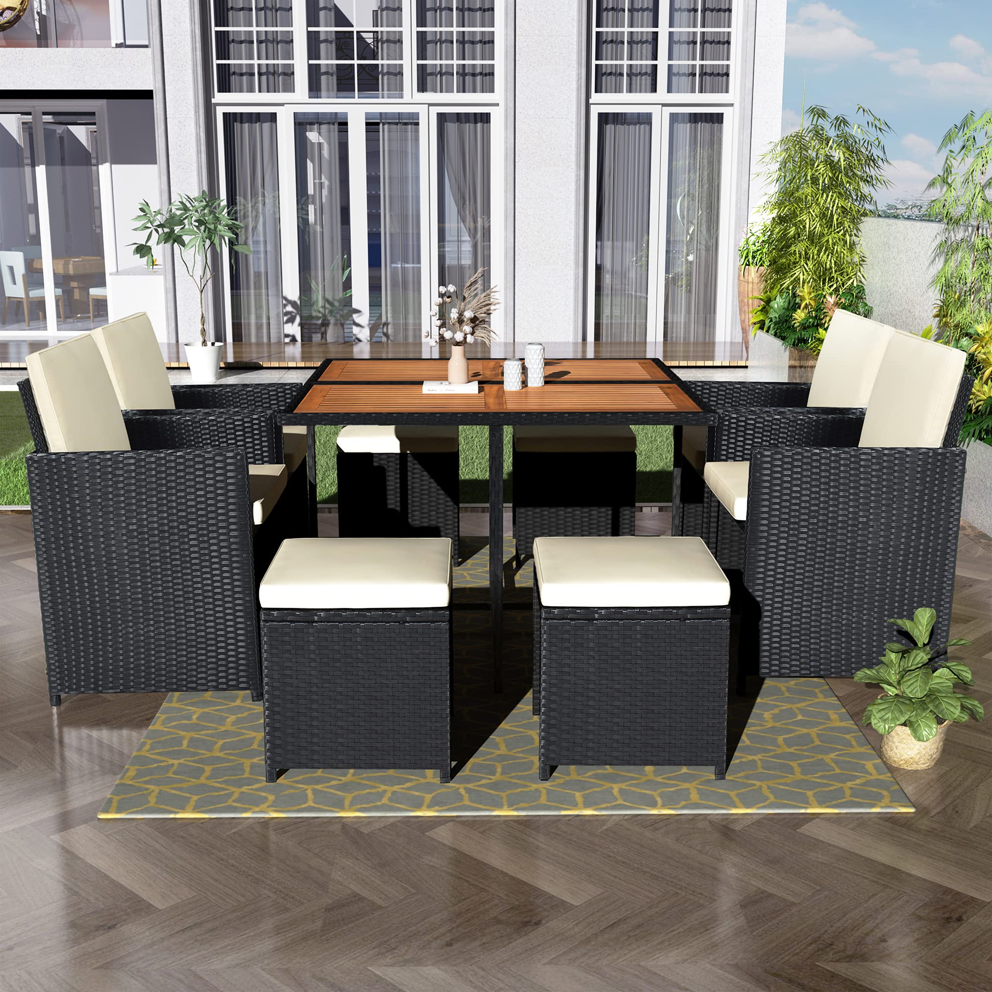 LZ LEISURE ZONE 9-Piece Outdoor Patio Dining Set - Black Wicker Rattan Table & Chairs with Brown Beige Cushions - Weather-Resistant Garden Furniture for Backyard, Poolside & Outdoor Entertaining