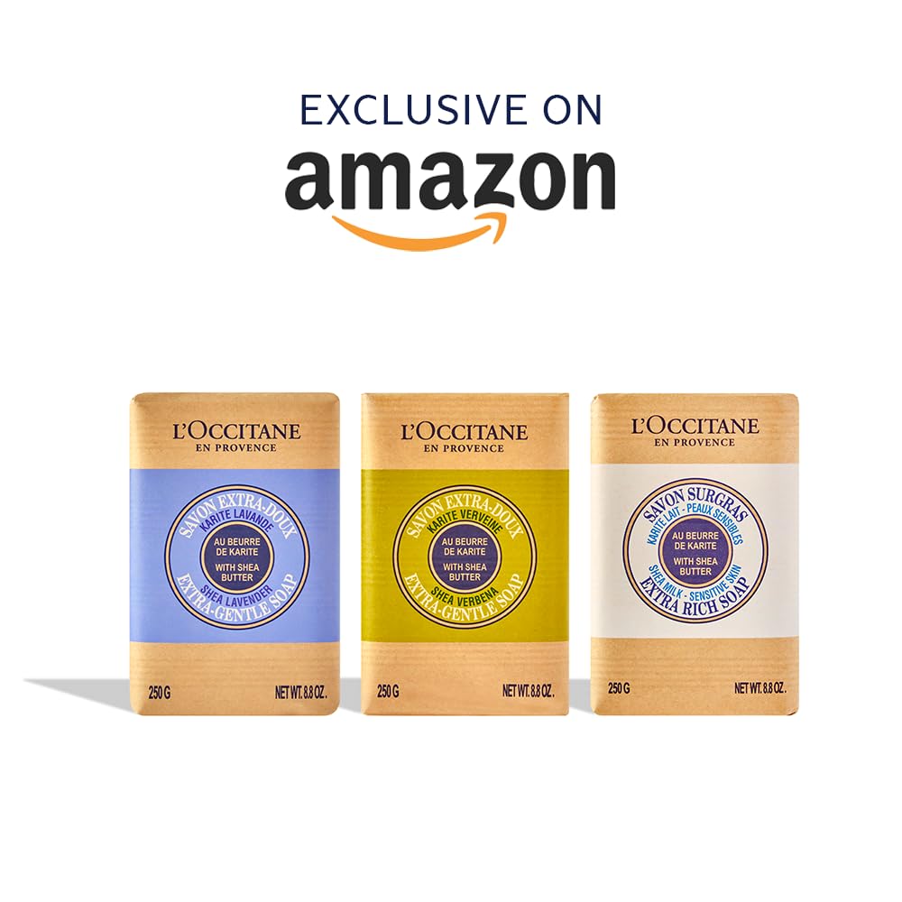 L'Occitane Shea Butter Extra-Gentle Solid Hand & Body Soap - Vegan, Vegetable-Based, Artisanal (Citrusy Shea Verbena, Relaxing Shea Lavender, Shea Milk) | Perfect for Spa Days, Relaxing Baths & Gentle Skin Care