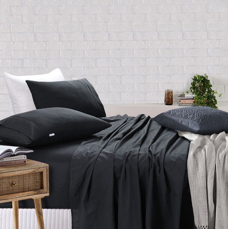 Premium 100% Egyptian Cotton 500 Thread Count Vintage Washed Linen Bed Sheet Set - Charcoal Gray Double Size for Luxurious Hotel-Style Bedroom Decor