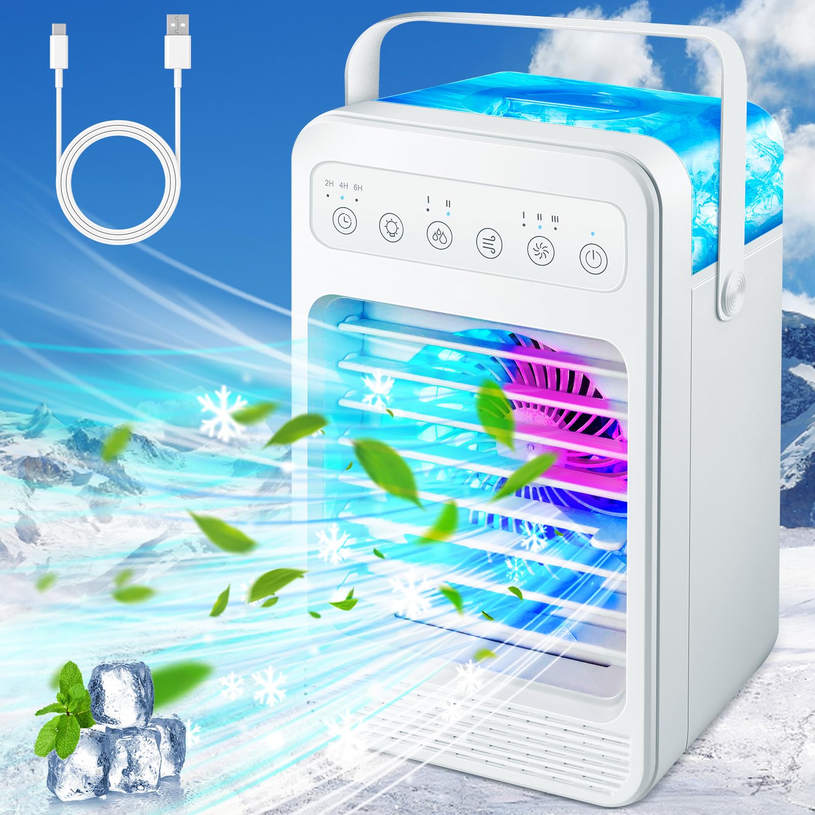 Portable Air Conditioner & Evaporative Cooler - 4 Speed Settings, 7 Color LED Lights, 3 Timer Modes | Dual Cool Mist Desktop Fan for Bedroom, Office, Dorm | Personal Space Cooler for Summer & Hot Weather | Compact Energy Efficient Cooling for Small Rooms | Perfect for Home, Work, Travel | Stay Cool While Sleeping, Working, or Relaxing