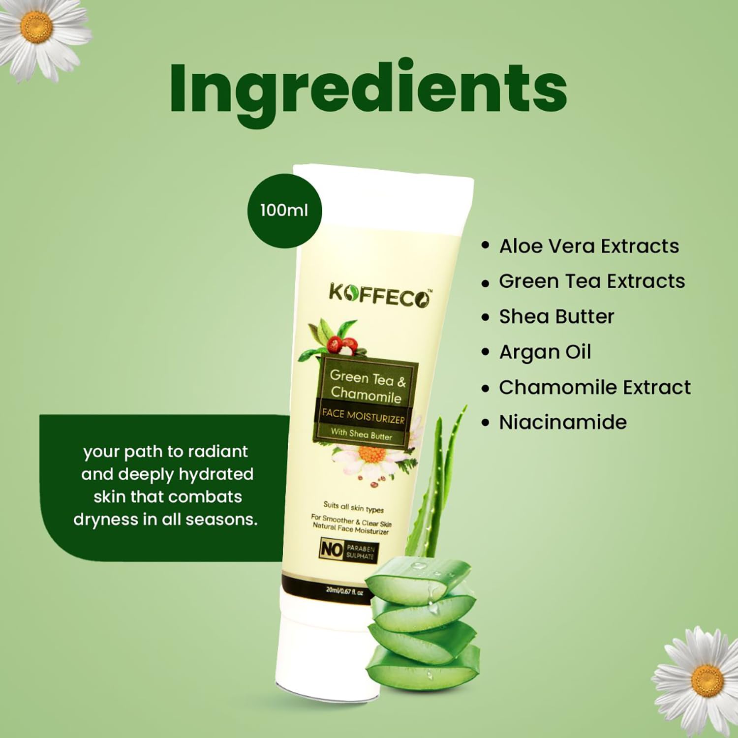 Koffeco 100 ML Green Tea & Chamomile Face Moisturizer for Acne Prone & Oily Skin - Hydrating Face Cream with Shea Butter for Women - Daily Skincare for Clear & Balanced Skin