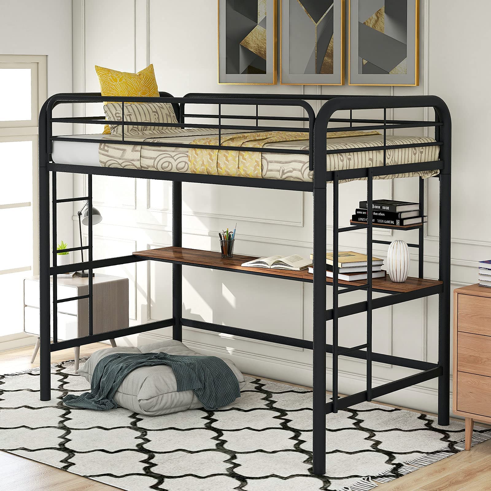 Autokola Twin Metal Loft Bed with Desk & Shelves - Space-Saving Kids & Teens Bedroom Furniture for Small Rooms, Dorms & Apartments