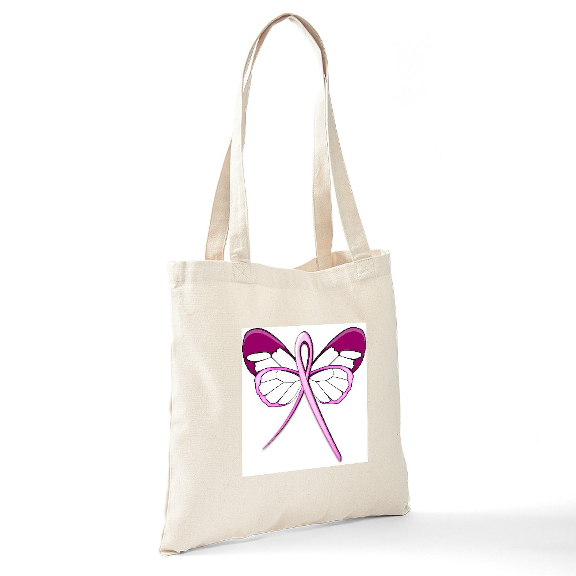 Breast Cancer Awareness Butterfly Tote Bag - Natural Canvas Reusable Shopping Bag for Women | Support Survivors, Grocery Shopping & Beach Day Essentials