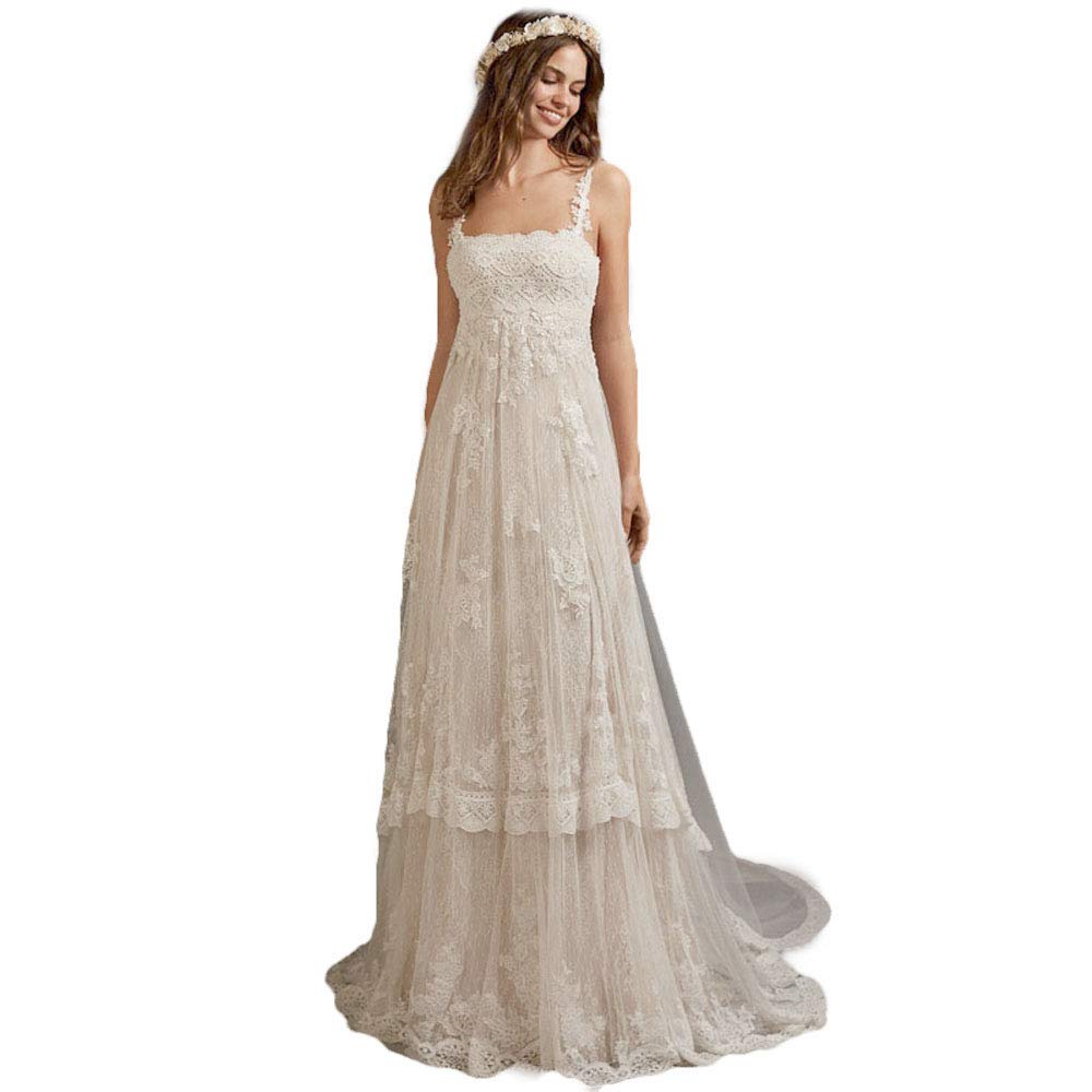 Boho Beach Wedding Dress with Lace Appliques - Boat Neck Bridal Gown with Back Zipper | Perfect for Beach Weddings, Boho Bridal Showers & Destination Ceremonies