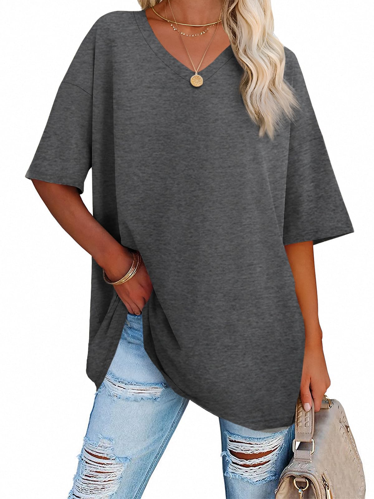 Ebifin Women's Oversized V-Neck T-Shirt - Soft Cotton Loose Fit Half Sleeve Tunic Top for Casual Wear | Summer Outfits, Lounge Wear & Everyday Comfort 2024