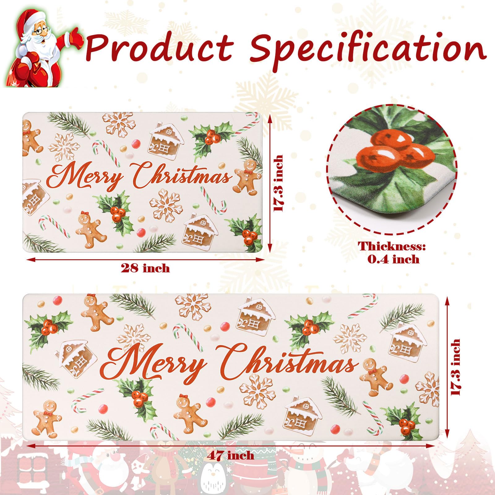 Topotdor Christmas Gingerbread Man Kitchen Mat Set of 2 - Non-Slip Anti-Fatigue Waterproof Holiday Decor Rugs for Winter & Christmas - Perfect for Kitchen, Dining Room, and Holiday Home Decor