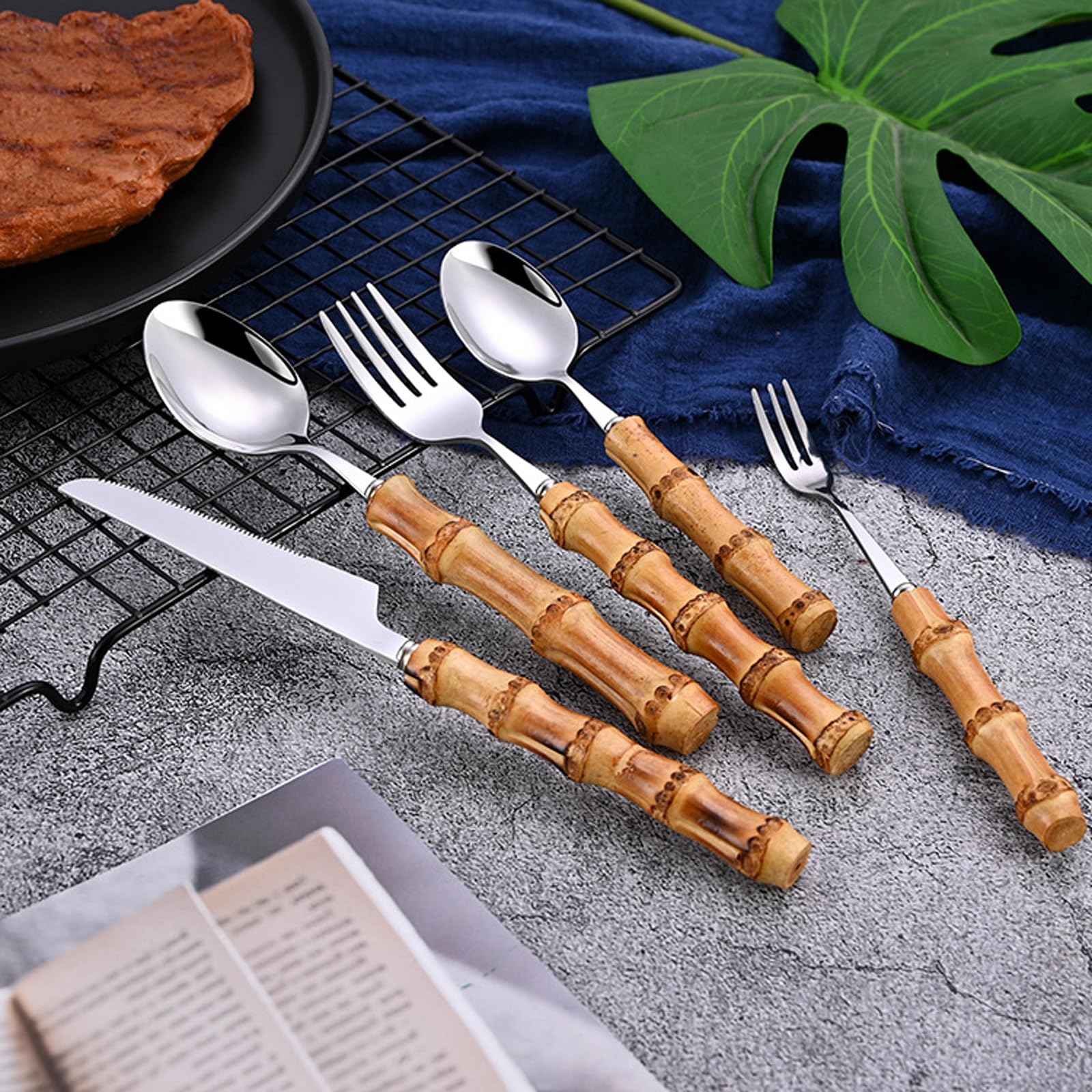 Premium 30-Piece Bamboo Handle Stainless Steel Cutlery Set for 6 - 18/8 Dishwasher Safe Flatware Set with Natural Wooden Utensils | Elegant Dining, Wedding Registry & Eco-Friendly Kitchen Essentials