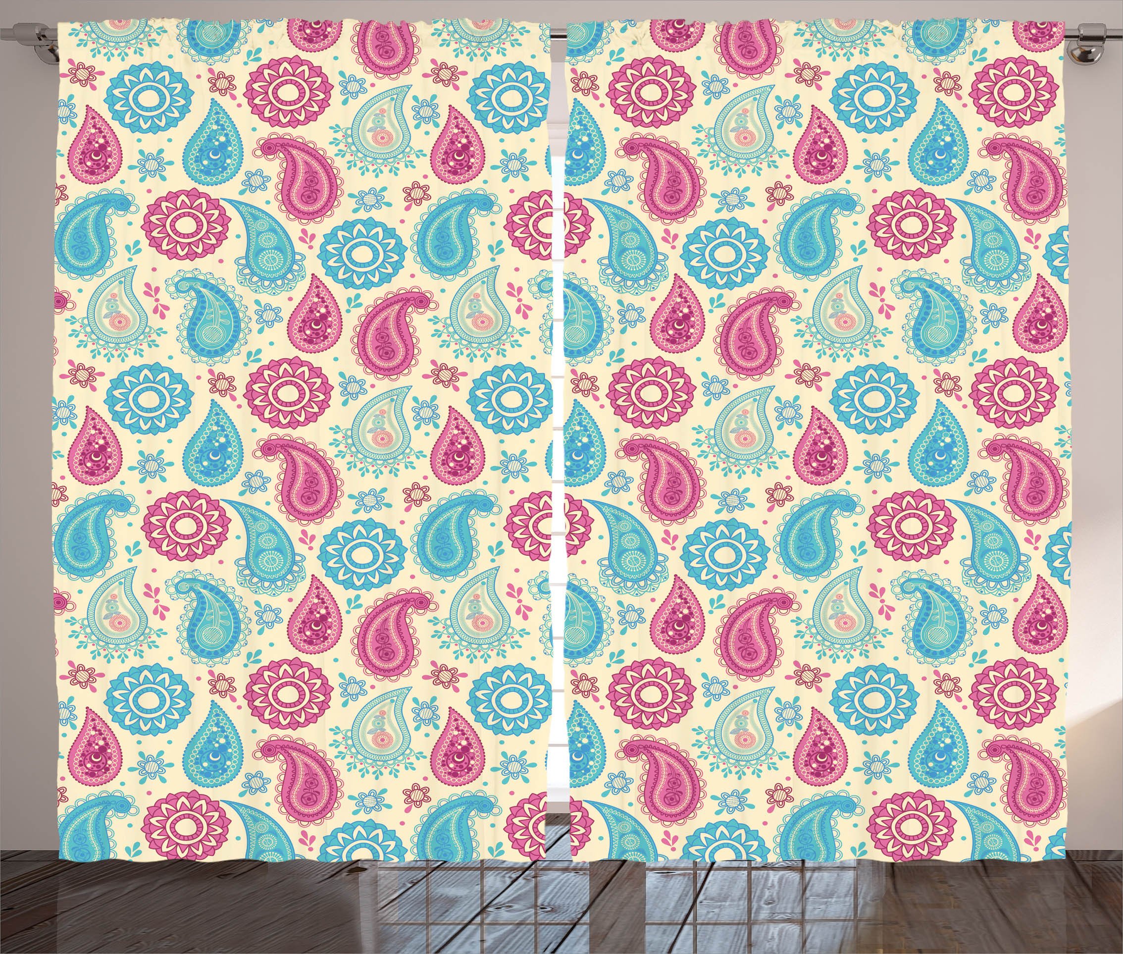 Ambesonne Paisley Curtains - Retro Floral Print Window Drapes for Living Room & Bedroom, 2 Panel Set (108