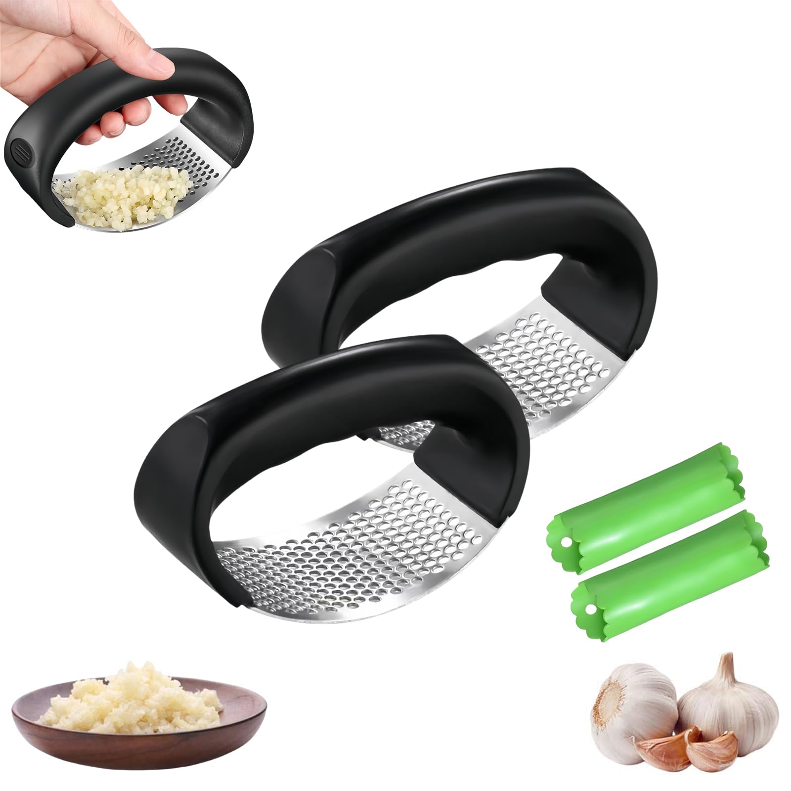 2024 Premium Stainless Steel Garlic Press & Rocker Mincer - Heavy Duty Manual Garlic Crusher with Peeler - 2-Piece Kitchen Gadget Set (Black) - Perfect for Cooking, Meal Prep & Restaurants