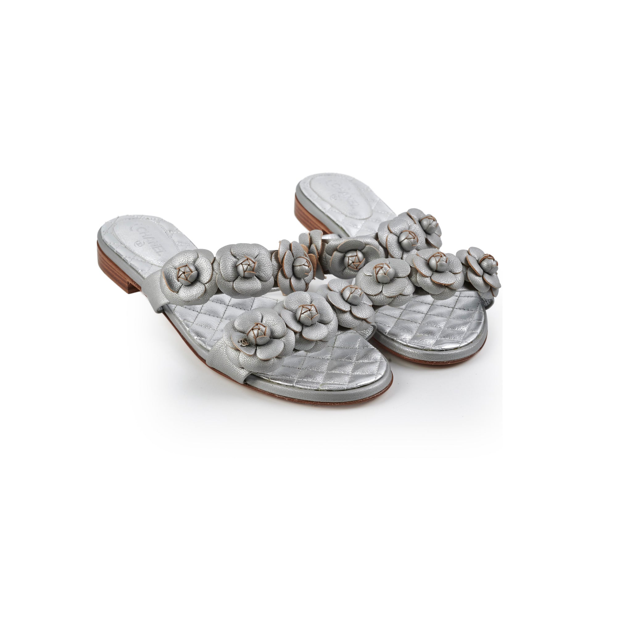 Chanel Lambskin Camelia Silver Sandals Size 40 - Luxury Women's Designer Flats for Casual Wear & Summer Outfits