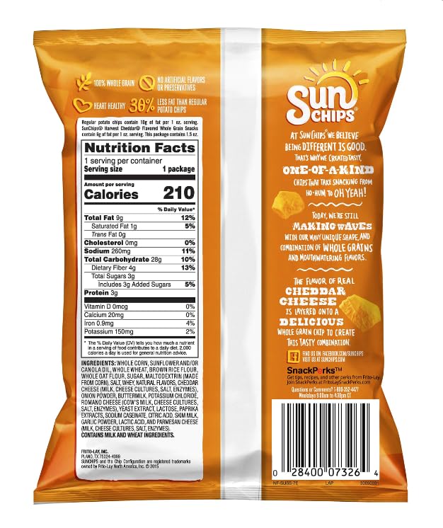Sunchip Harvest Cheddar Multigrain Snacks - 1.5 oz Bags (Pack of 32) | Crunchy Cheese Flavored Chips for Parties, School Lunches & On-the-Go Snacking