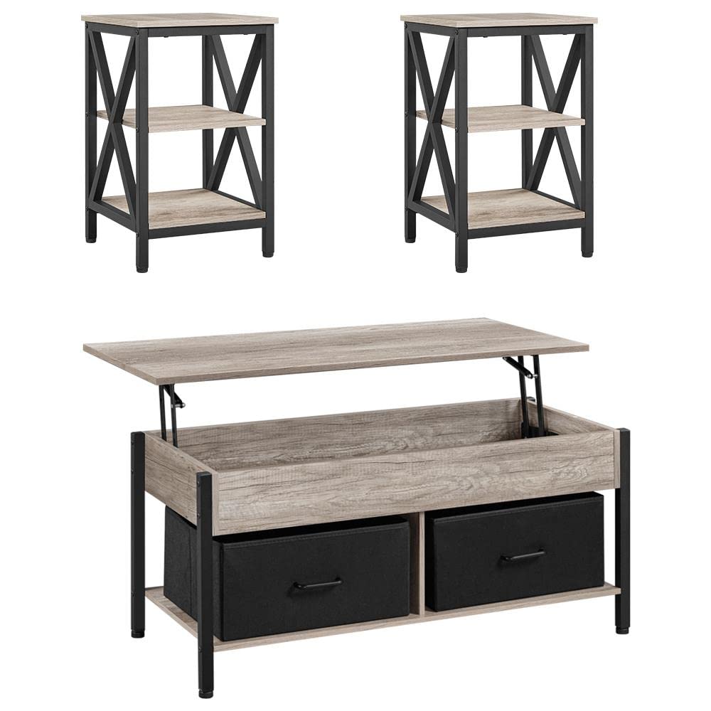 Yaheetech 3-Piece Lift Top Coffee Table Set with Storage Baskets & X-Design End Tables - Modern Living Room Furniture in Gray for Home Decor & Small Space Organization