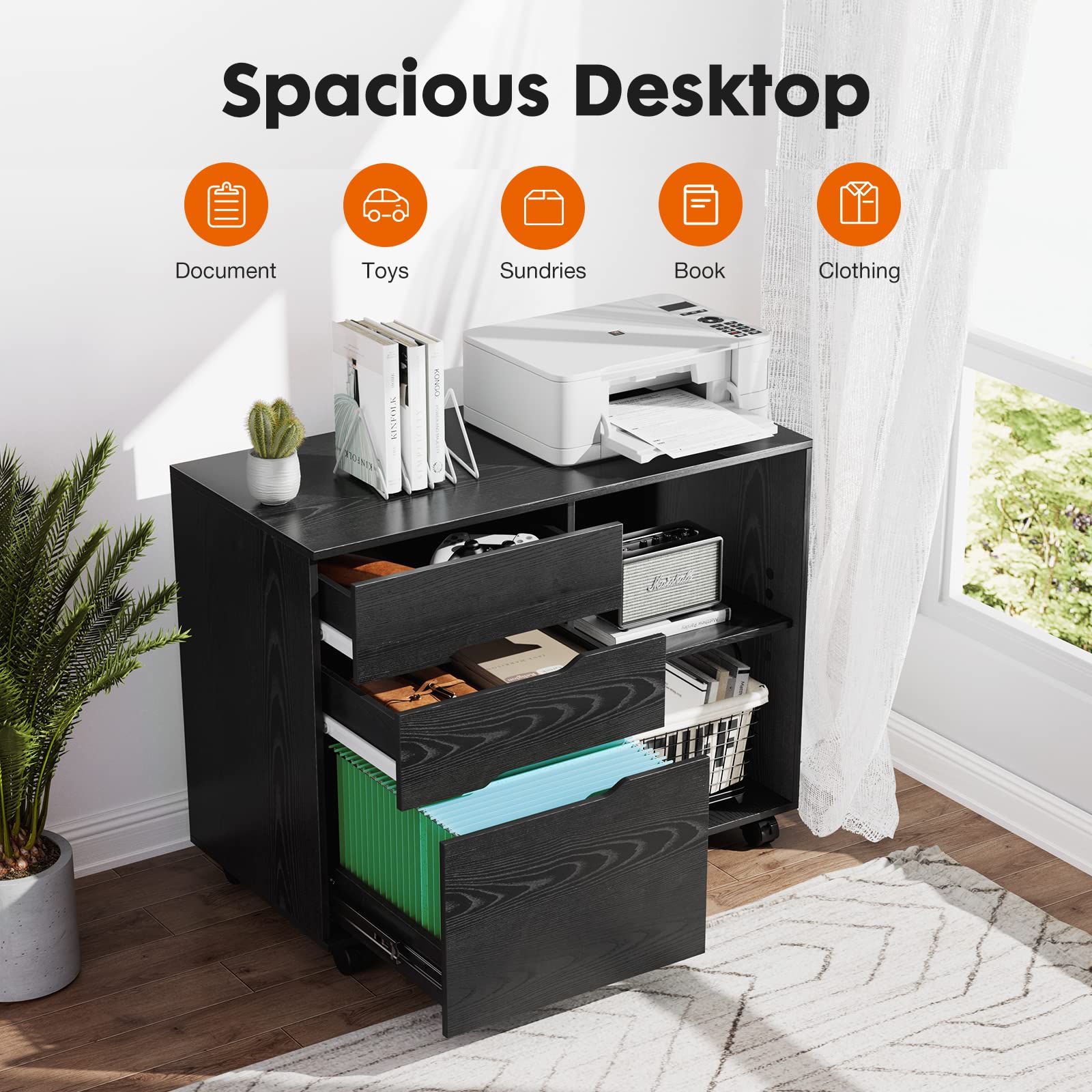 NewBULIG 3-Drawer Mobile Wooden Lateral Rolling File Cabinet with Adjustable Shelves - Printer Stand with Wheels for Home Office Organization, Black - Perfect for Document Storage & Workspace Organization